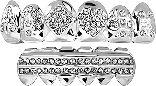 1 Set Zähne Hip Hop, Hip Hop Teeth Grills, Rapper Zahnspange, mit 2 Silikonformleisten, für Musikfestival, Modenschau, Halloween, Partys, Rollenspiele, Geeignet für Männer und Frauen