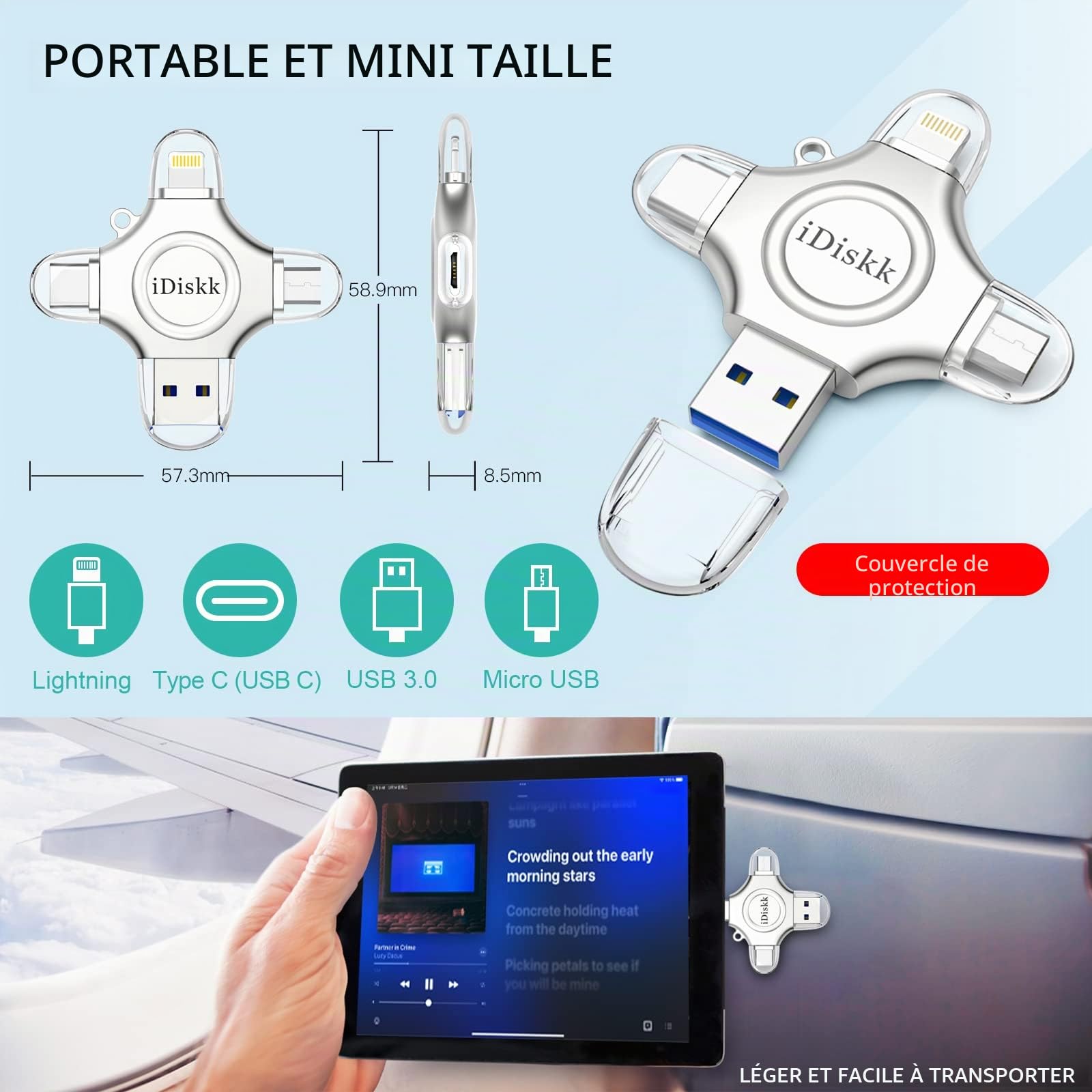 IDiskk 256G Lightning cle USB pour iPhone MFI Certified iPhone Memory Drive Stockage iPhone Travailler avec Les appareils USB-C, Derniers iOS, téléphones Android et PC