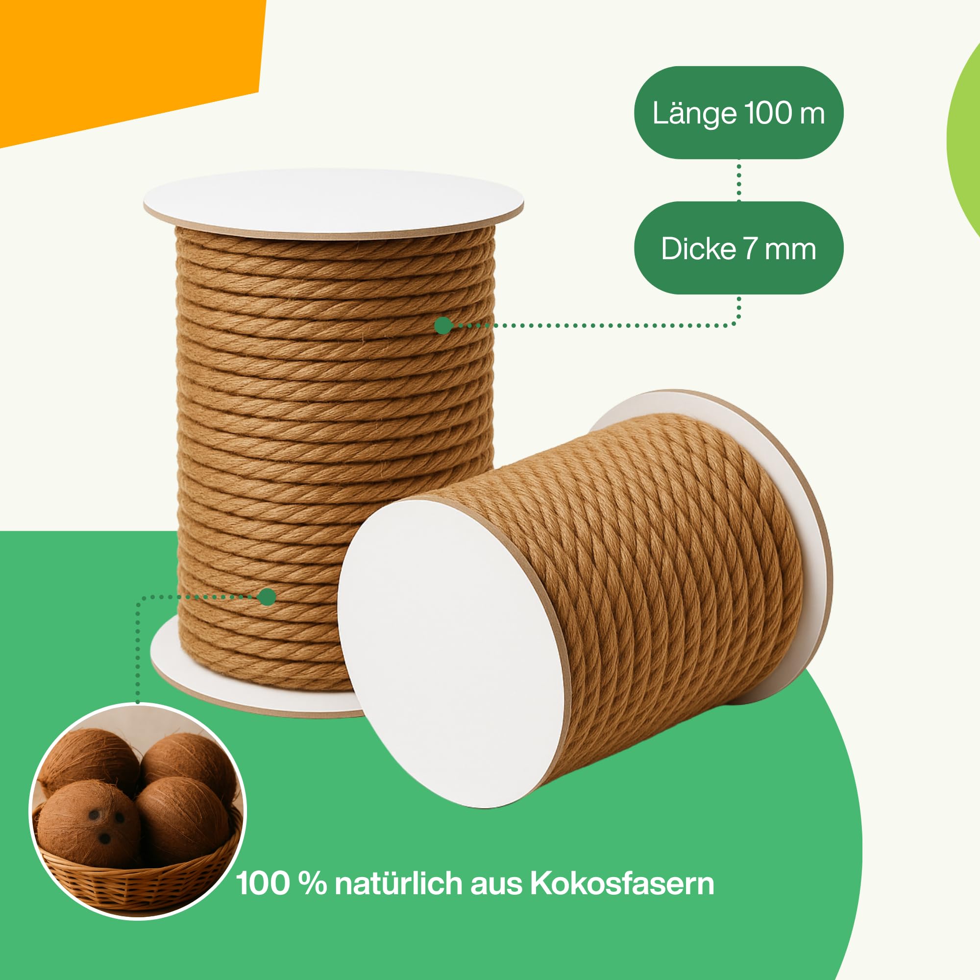 UNIGARDIA Corda di cocco per piante 7 mm – Maglia in cocco per alberi 100 m – Filo di cocco come legante per alberi, traliccio, filo da giardino – 100% nastro naturale per decorazione e fibra di cocco