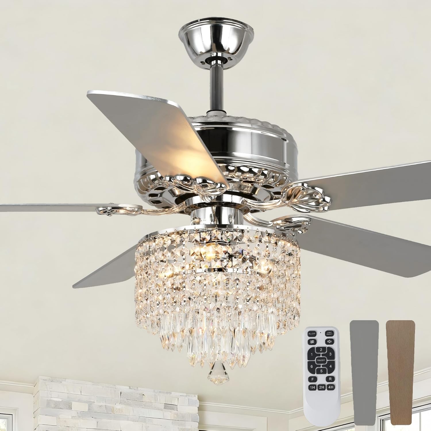 52" Crystal Ceiling Fan with Lights Chandelier Ceiling Fans Modern Fandelier with Remote Control, 5 Dual Blades, Noiseless Reversible DC Motor 6 Speeds for Bedroom Living Room (Chrome)