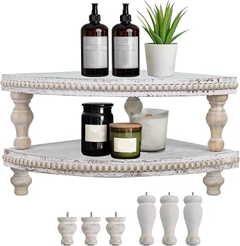 MAONAME Vintage White Corner Pedestal Stand, Rustic Decorative Riser for Display, Farmhouse Wood Corner Counter Shelf with Beaded, Set of 2