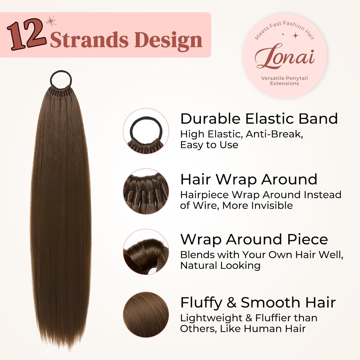 LONAI Ponytail Extensions, Versatile Elastic Band Brown Ponytail Extension for Women, 28" Long Straight Soft Natural Synthetic Pony Tails-Chocolate Brown 28 Inch Chocolate Brown