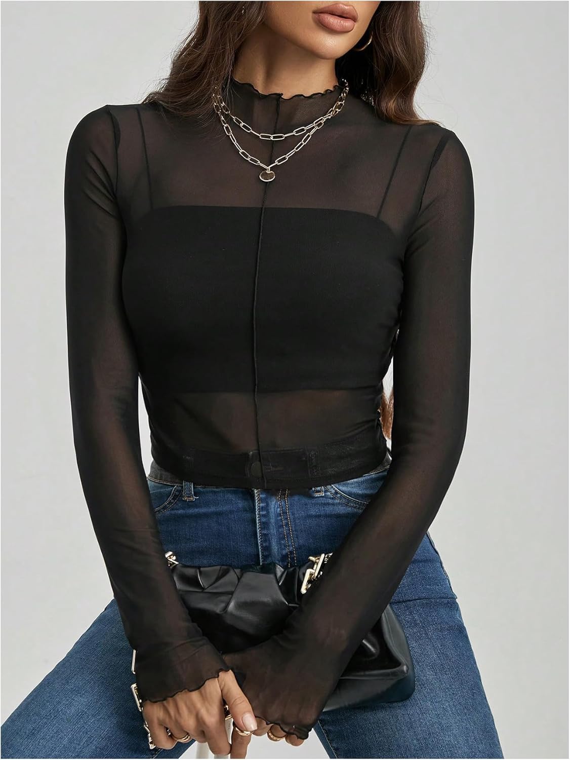 WDIRARA Women's Mock Neck Mesh Sheer Tops Lettuce Trim Long Sleeve See Through Tee Shirts Night Out Crop Tops - Image 4