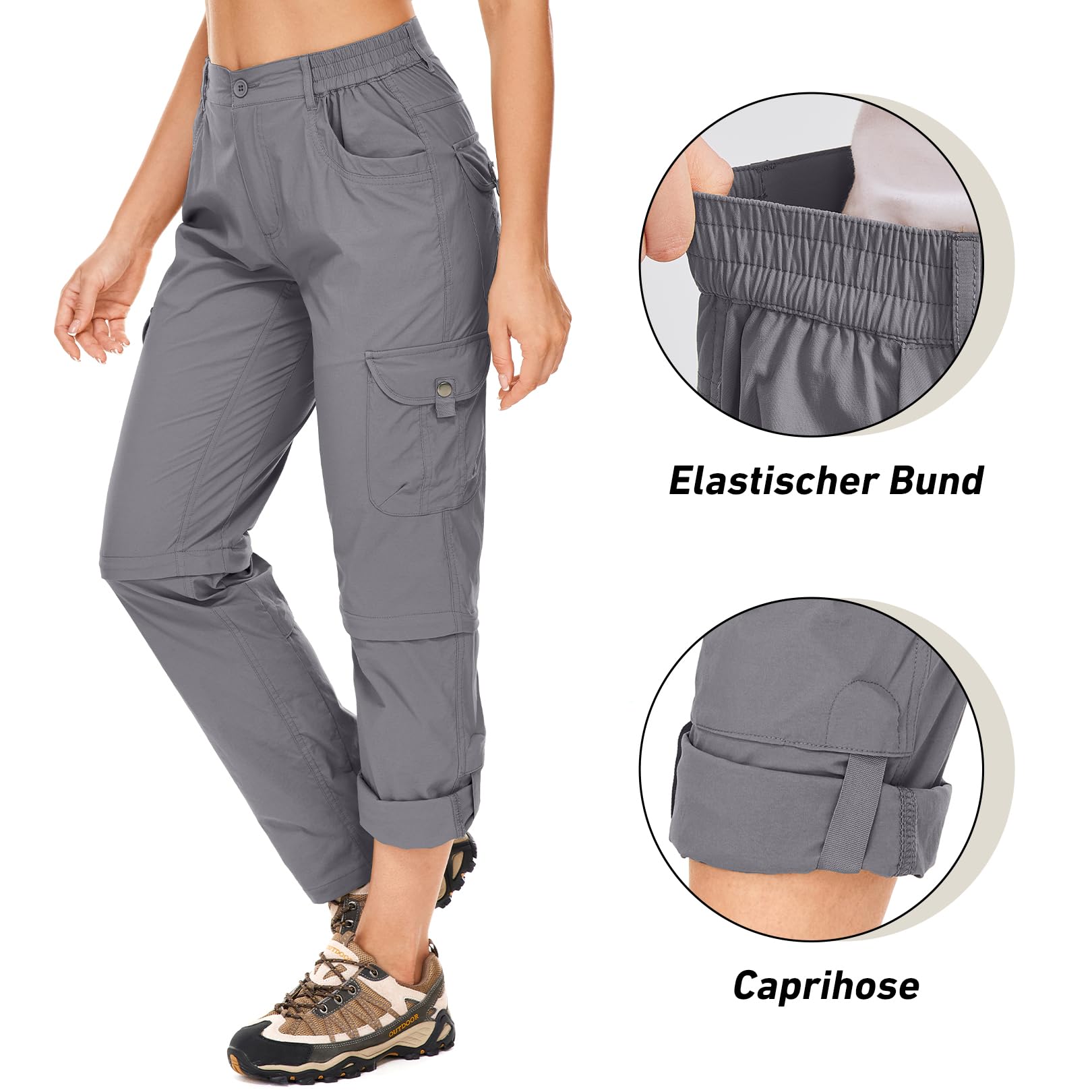 Damen-Wanderhose-Zip-Off-Trekkinghose, Atmungsaktiv Wanderhose Damen Schnell Stretch Trekkinghose Abnehmbar Funktionshose Outdoorhose Sommer Hiking Pants