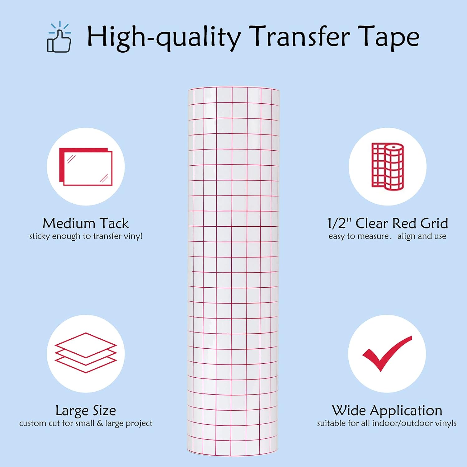 Transfer Tape for Vinyl - 12” x 100 FT w/Red Alignment Grid for Adhesive Vinyl - Medium Tack Vinyl Transfer Tape for Silhouette Cameo for Decals, Signs, Windows and Stickers