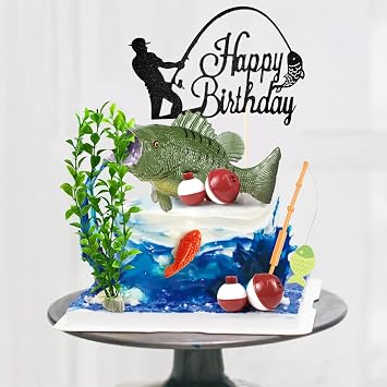 Gone Fishing Cake Topper, Fishing Cake Decorations, Black Birthday Candles for Cake, Happy Birthday Cake Toppers, Fish Themed Party Supplies