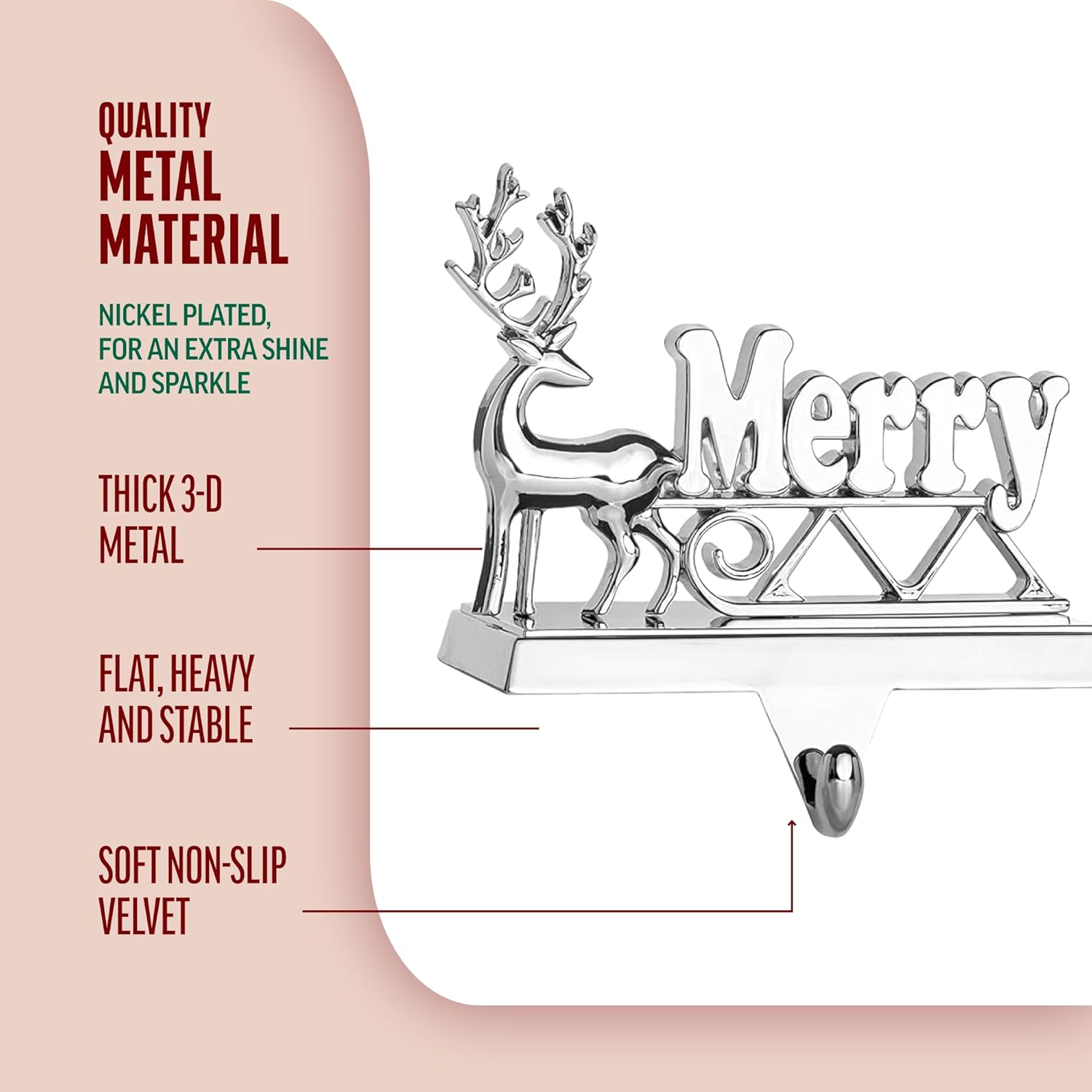 Klikel Stocking Holders Set of 2 - Marry Christmas Reindeer Hanger for Mantel - Shiny Silver Metal Deer Stocking Holder for Fireplace Mantle - Heavy Duty