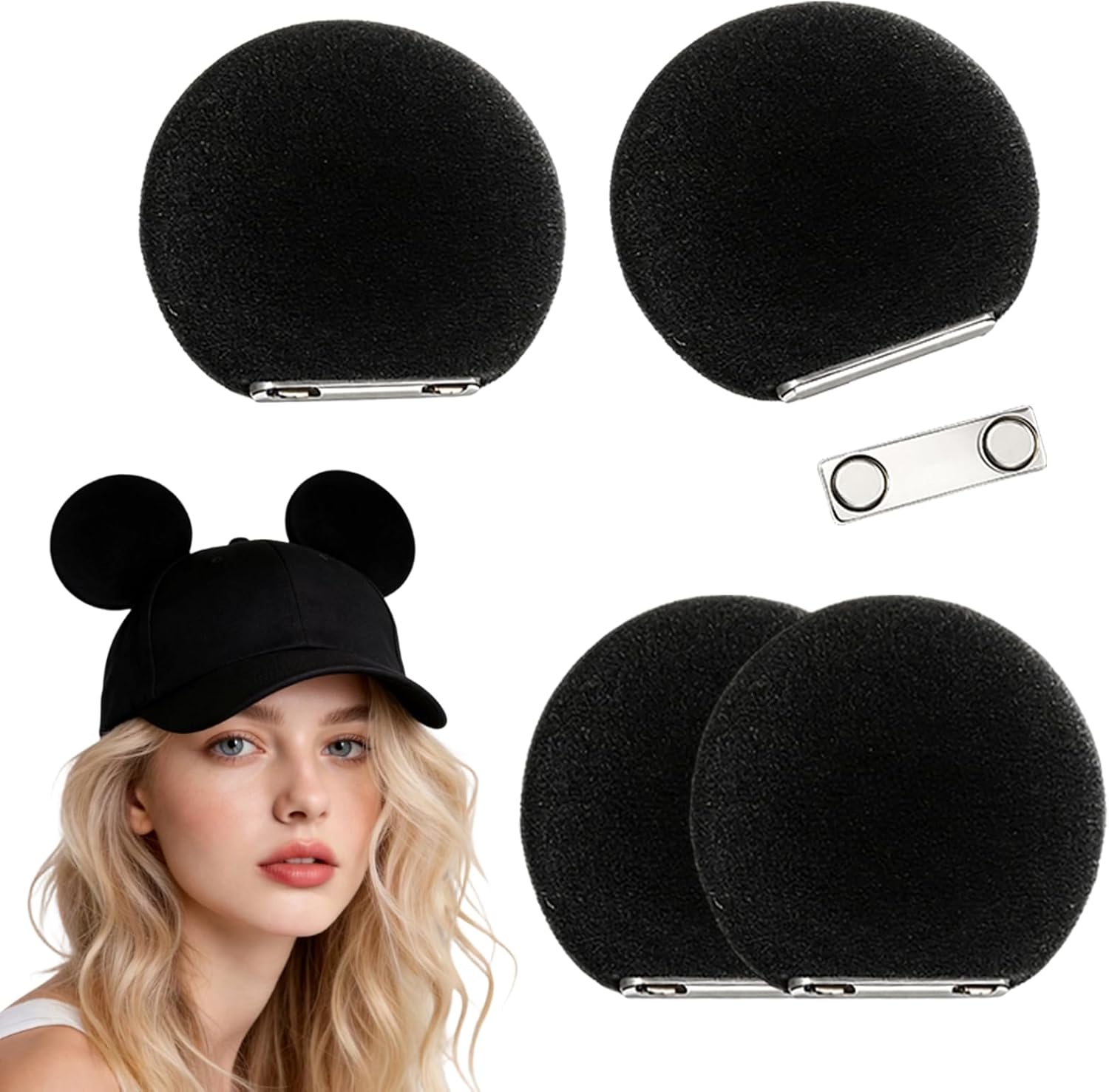 Magnetic Mouse Ears for Any Hat, Universal Fit Cap Accessories, Strong Magnets, No Sewing Needed, 3.5 Inch Size for Boys, Girls, Men, Women Ideal for Cosplay, Halloween, Costume Parties