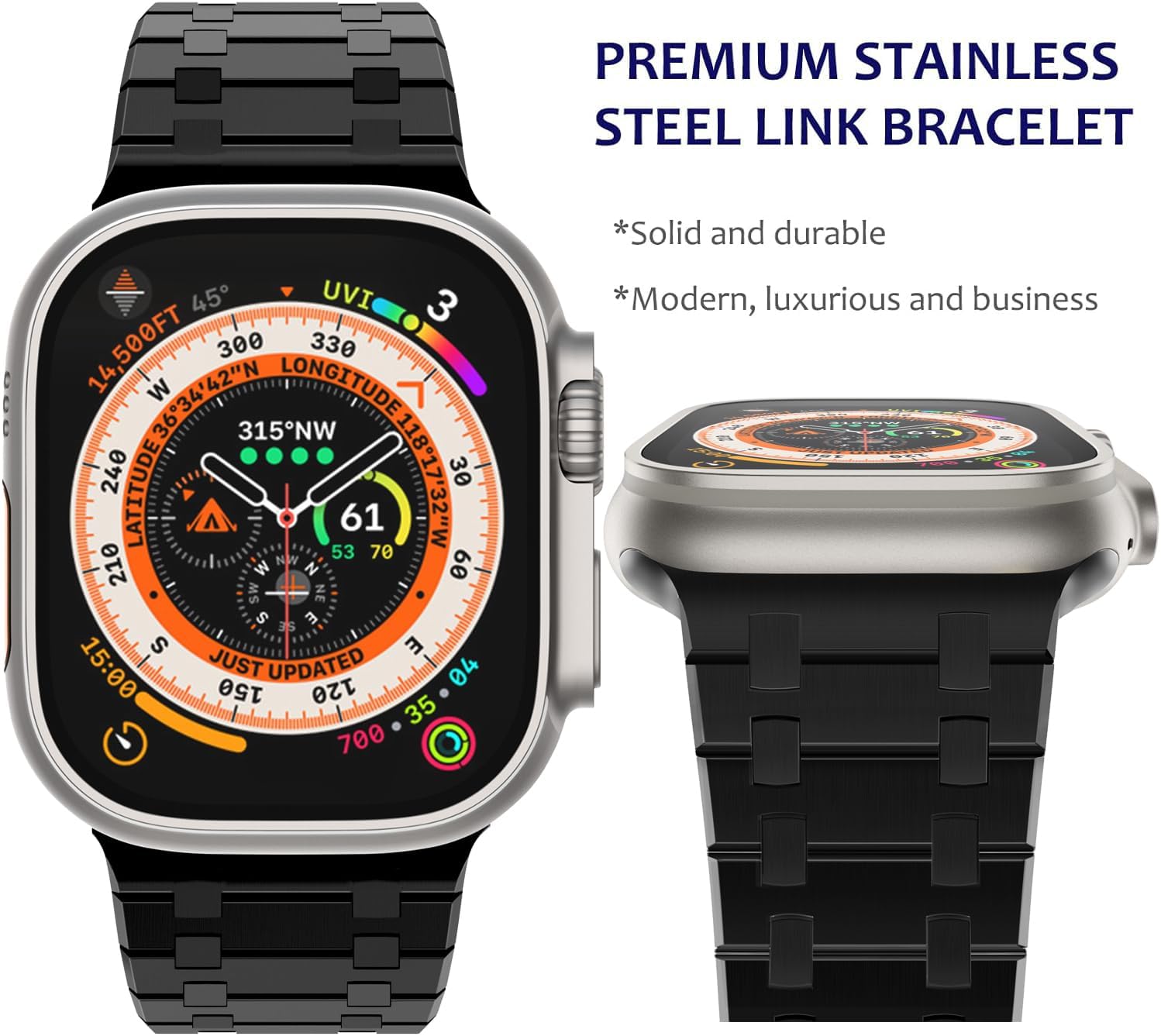 WINGLE Compatible for Apple Watch Band Ultra 3/2/1 Band 49mm Series 11 10 46mm 45mm 44mm 42mm SE 3/2/1 Series 9 8 7 6 5 4 3 2 1 Men, Stainless Steel Classy Casual Business Metal iWatch Bands, Black - Image 2