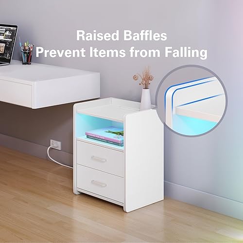 Miniatura 8 de Mesita de noche con estación de carga y tira de luz LED, mesitas de noche con 2 cajones, mesa auxiliar para dormitorio, mesitas de noche LED blancas