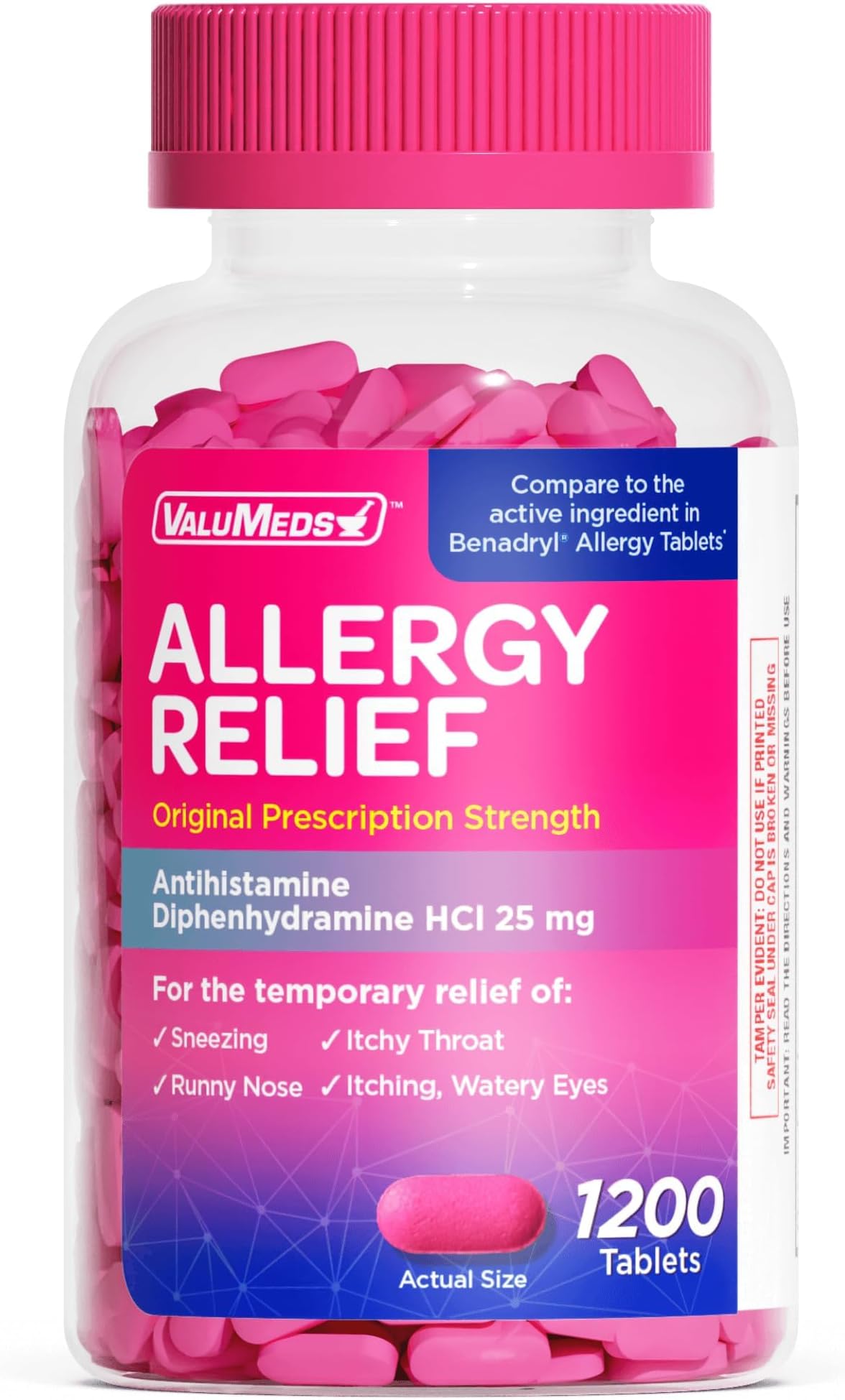 ValuMeds Allergy Medicine Antihistamine, Diphenhydramine HCl 25 mg | Children and Adults | Relieve Itchy Eyes, Runny Nose, Sneezing (25 mg, 600 Count)