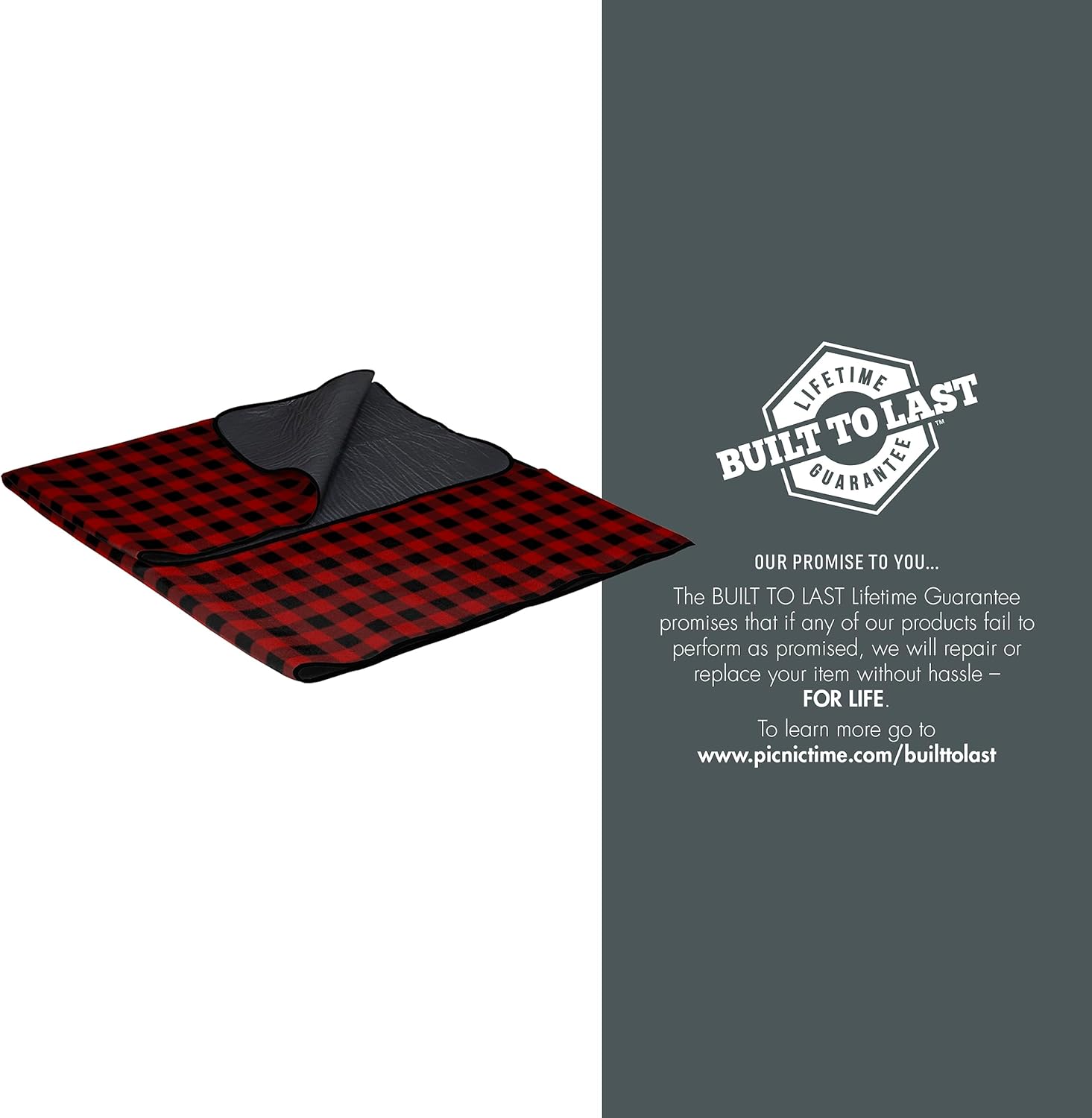 PICNIC TIME Outdoor Picnic Blanket Tote, 59"x51" Foldable Beach & Camping Blanket with Soft Fleece, Water-Resistant Bottom, Adjustable Strap & Zippered Pocket (Red & Black Buffalo Plaid)