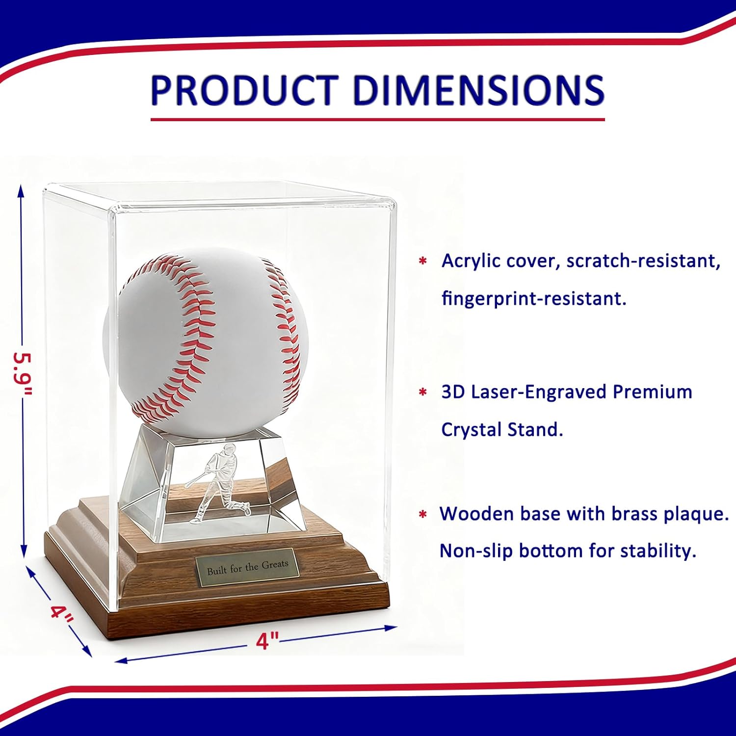 Baseball Display Case, Baseball Display Stand with LED Lights , Wooden Stand and a Bronze Medal,Cube Baseball Holder Display case, Acrylic Clear Ball Protector for Memorabilia Baseball Gifts