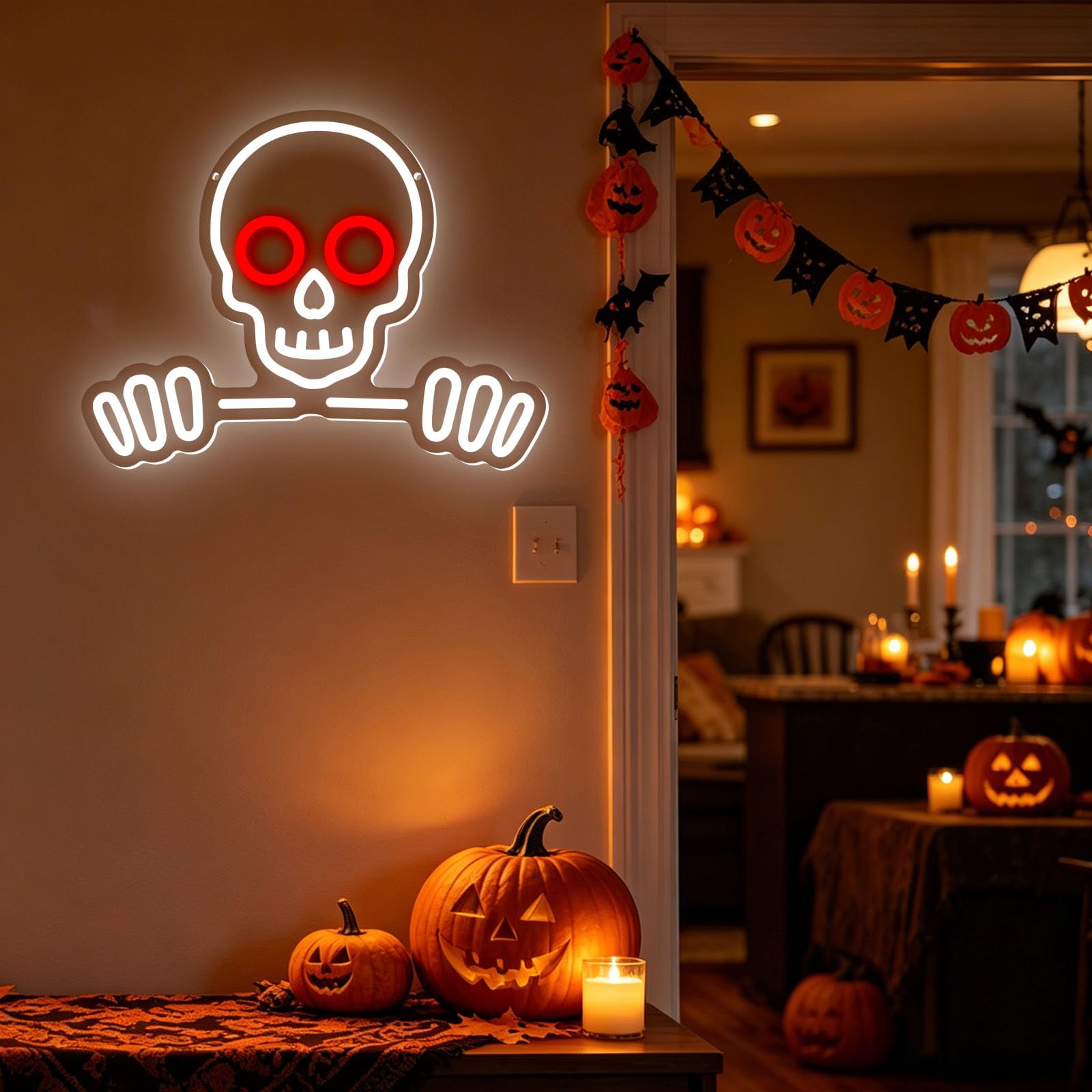 Skeleton Skull Neon Sign for Wall Decor USB Adjustable Brightness LED Light Sign Halloween Themed LED Neon Lights for Game Rooms Parties Gift for Halloween (D 16 in × W 12.6 in)