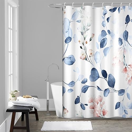 Miniatura 15 de Cortina de ducha con diseño de eucalipto azul acuarela, juego de cortina de ducha pequeña para caravana, impermeable, decoración de baño floral de