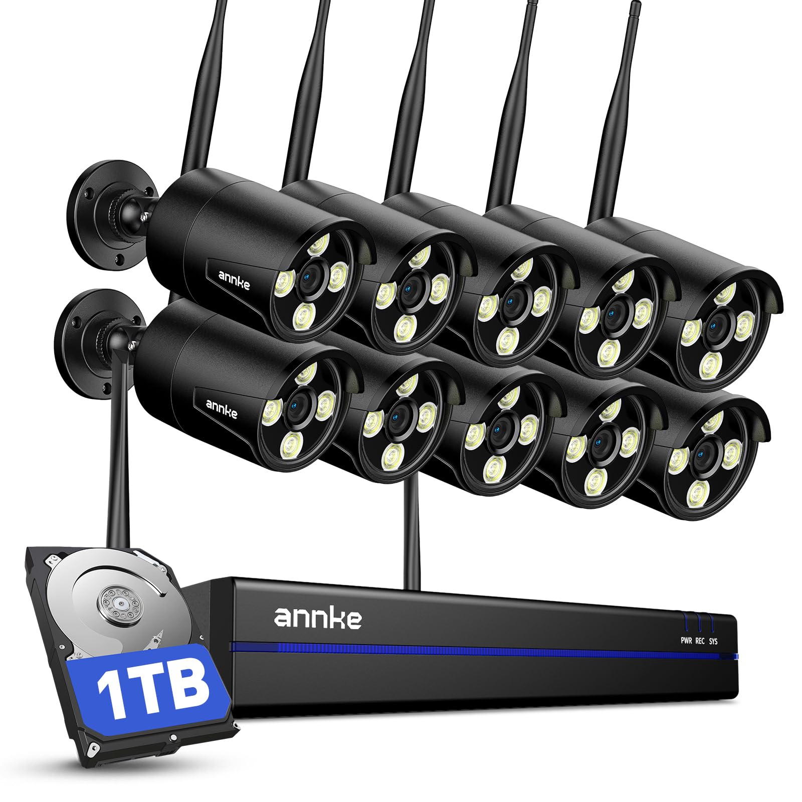 ANNKE Wireless Security Camera System-16CH Expandable 4K Security NVR, 10Pcs 2K Outdoor Cameras, 2-Way Voice, Motion Alert, Weatherproof, Mobile App-Controlled for Indoor/Outdoor Use, 1TB