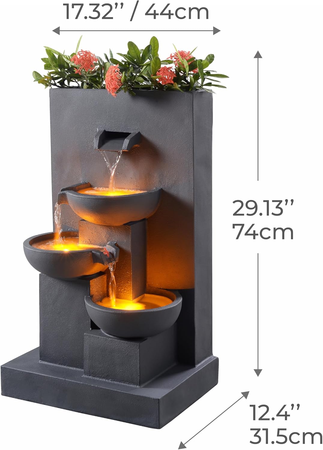 Teamson Home Outdoor 29" Planter 3 Tier Cascading Bowl Fountain Gray