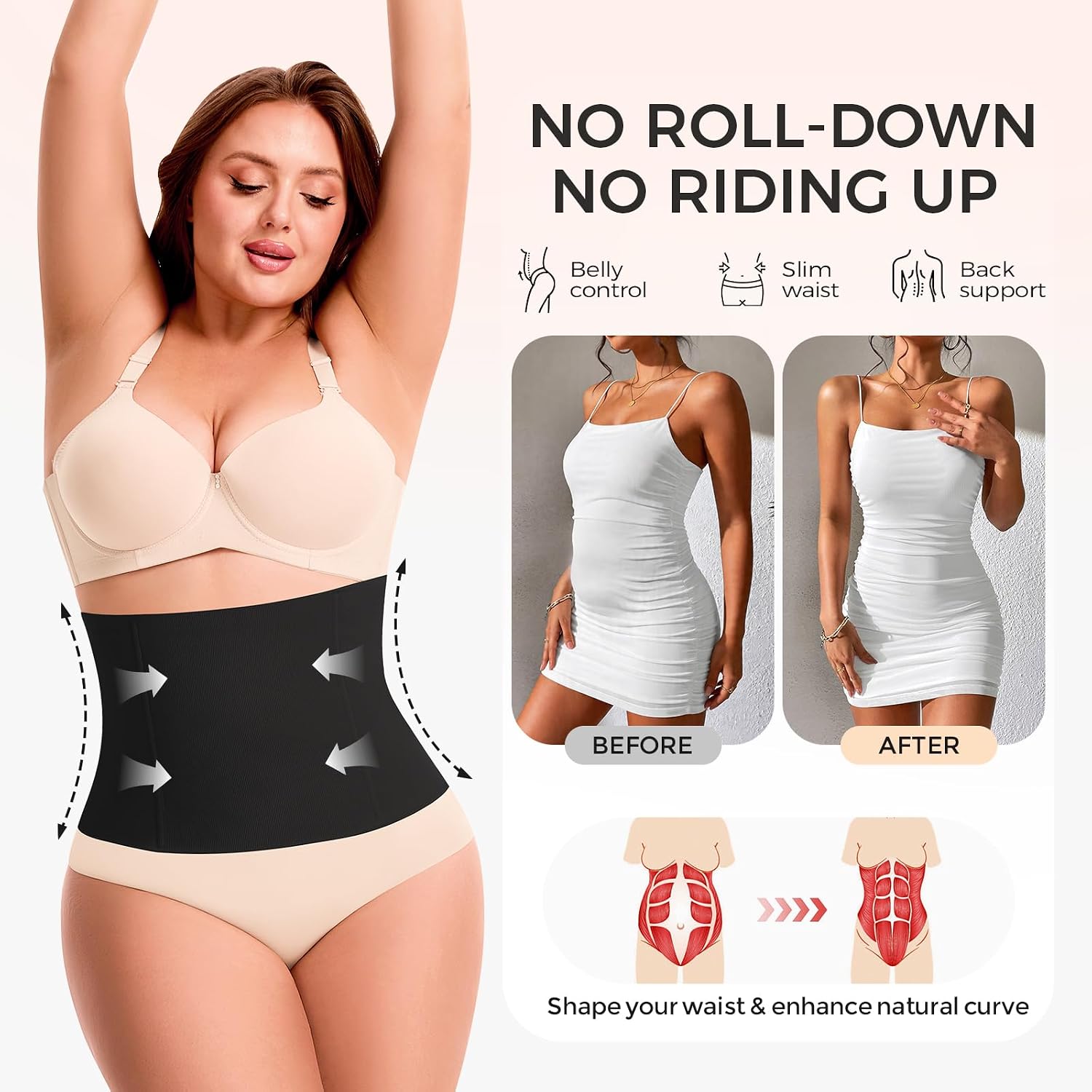 fortix Plus Size Waist Trainer for Women Tummy Control Waist Cincher Corset Shapewear Slim Body Shaper Black