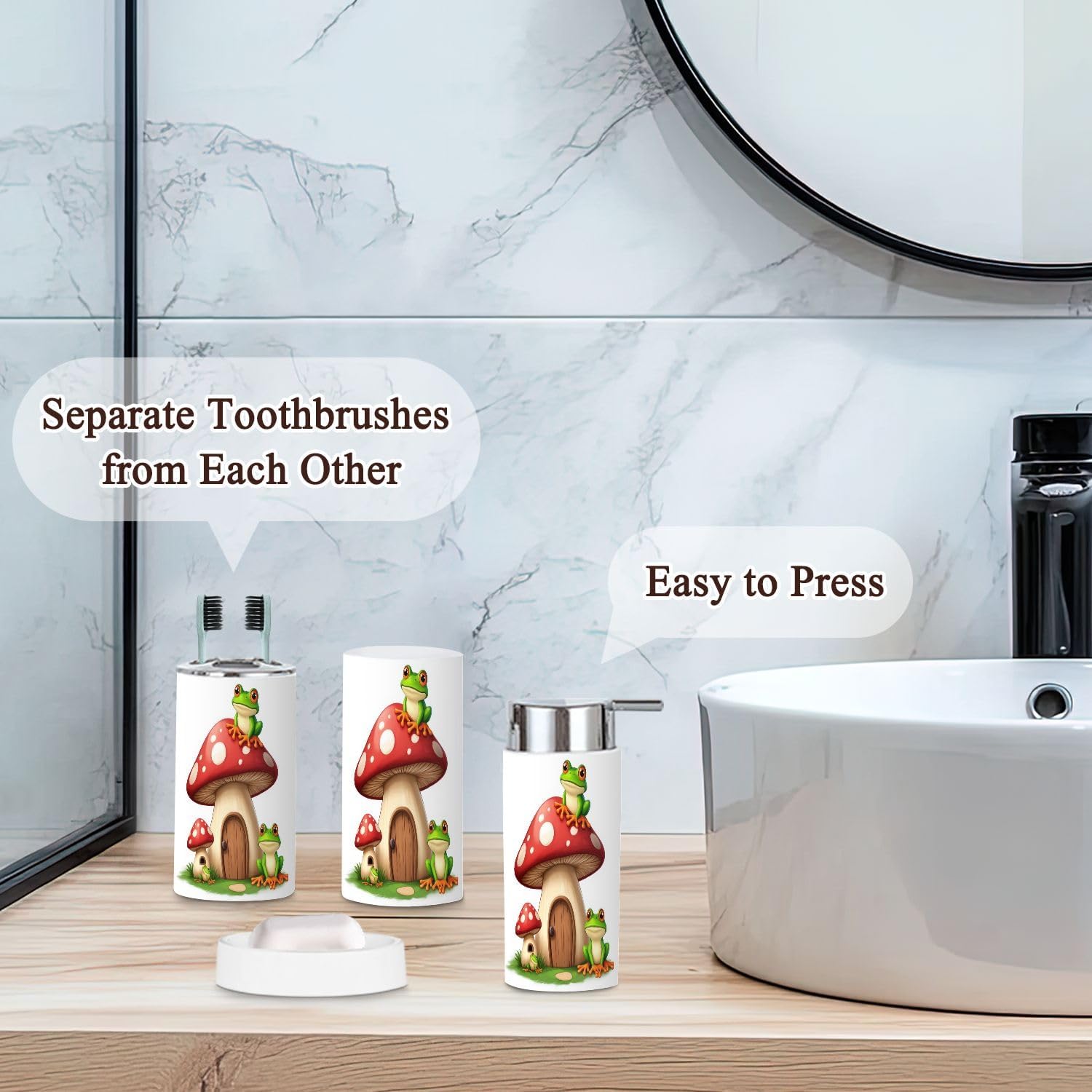 Bathroom Accessories Set 6 Pcs Mushroom House Frogs Toothbrush Holder Cup Soap Dispenser Soap Dish Toilet Brush Holder Trash Can for Countertop Decor