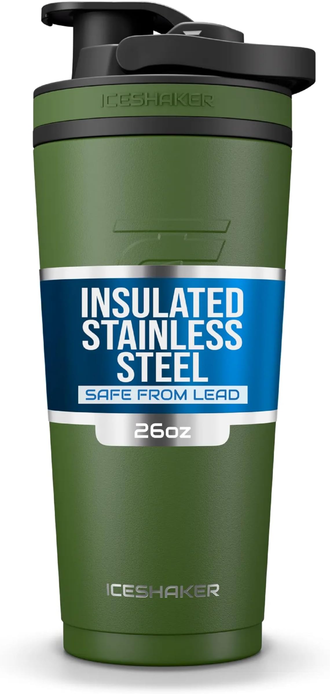 Insulated Stainless Steel Shaker Bottle | 26oz, Green | Cold for 30+ Hours | Insulated Cup with Twist-on Agitator | Odor-Free Shaker Cup for Protein Shakes, Water, Smoothies, Cocktails