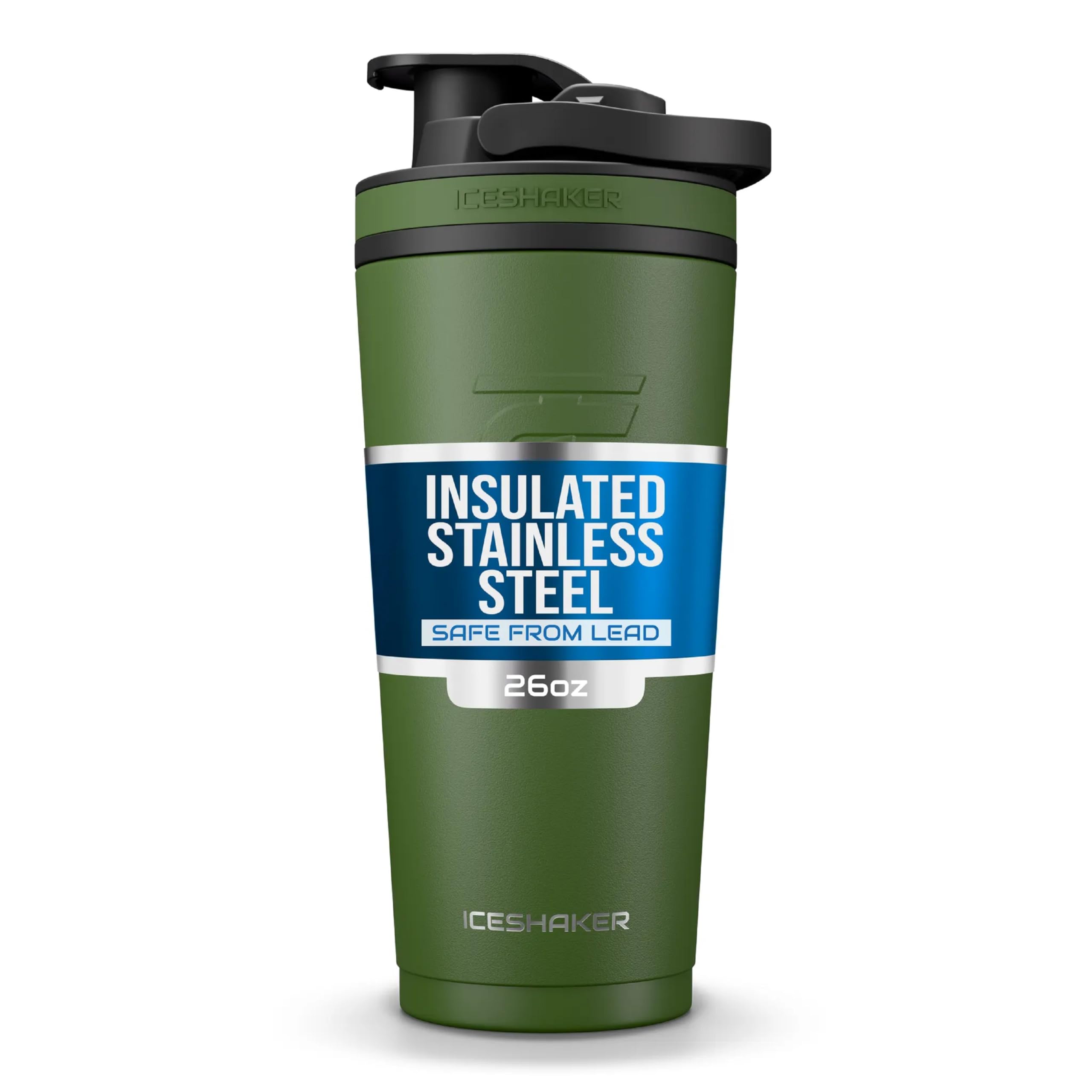 Insulated Stainless Steel Shaker Bottle | 26oz, Green | Cold for 30+ Hours | Insulated Cup with Twist-on Agitator | Odor-Free Shaker Cup for Protein Shakes, Water, Smoothies, Cocktails