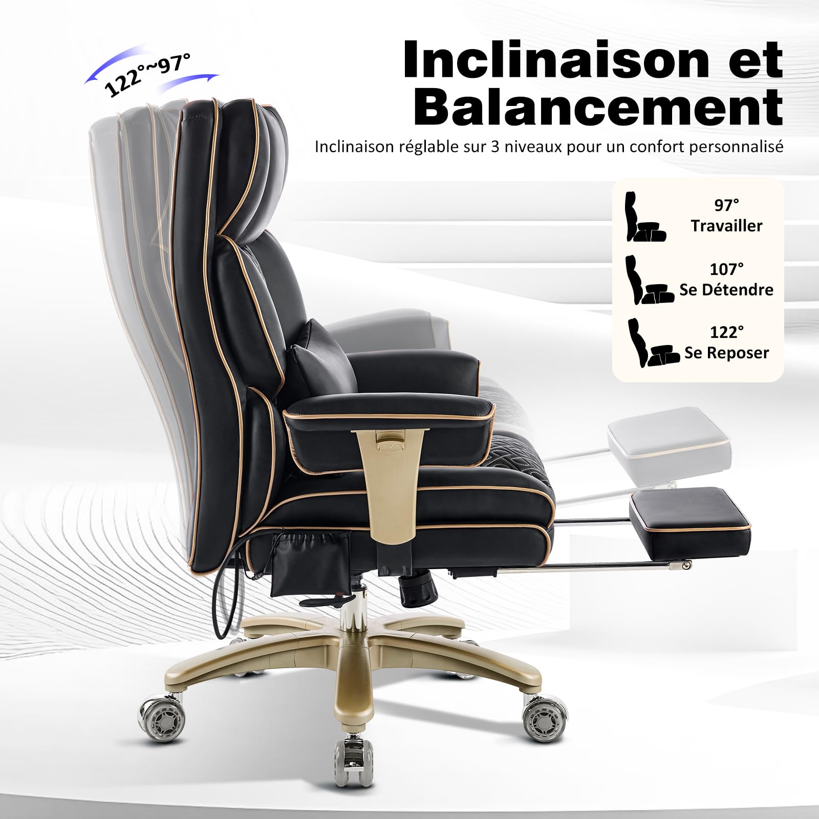 Chaise De Bureau Ergonomique Avec Accoudoirs Réglables Et Soutien Lombaire, Chaise De Direction Robuste En Cuir, Grande Et Haute, Supportant Jusqu'à 230 Kg, Avec Siège Réglable En Hauteur, Noir