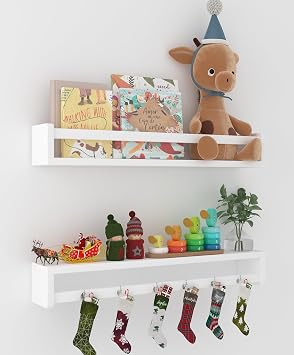 Heimlove 24 Inch Nursery Floating Shelves, Solid Wood Nursery Book Shelves for Wall, Bookshelf for Kid Room, Books,Toys and Decor Storage, Set of 2 White