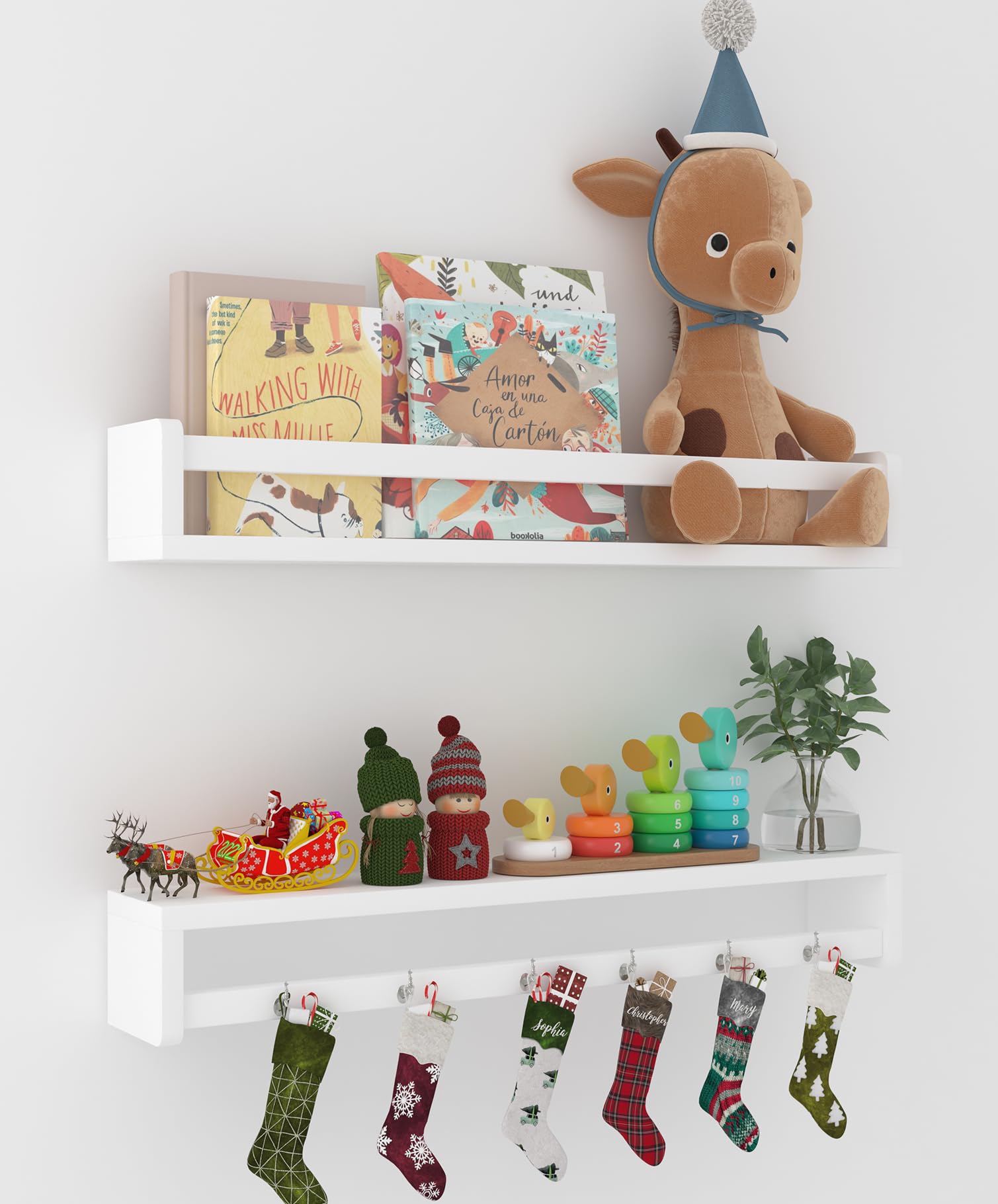 Heimlove 24 Inch Nursery Floating Shelves, Solid Wood Nursery Book Shelves for Wall, Bookshelf for Kid Room, Books,Toys and Decor Storage, Set of 2 (