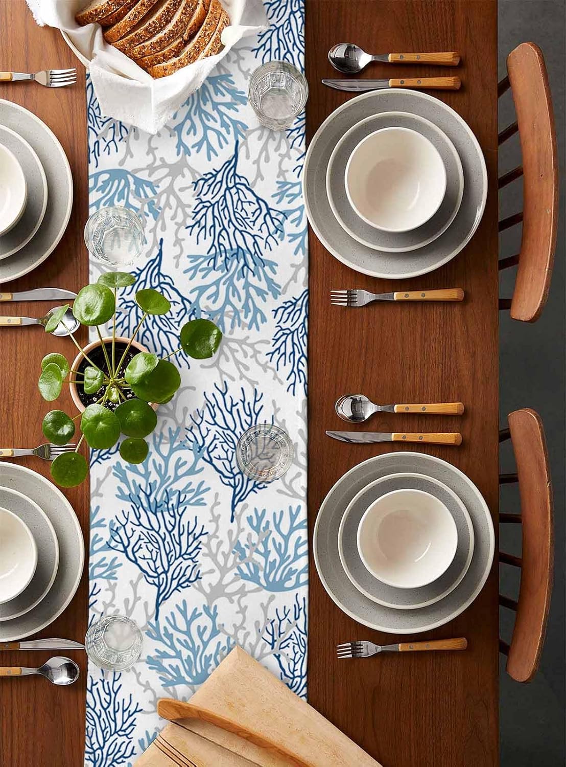 Navy Blue Coral Coastal Cotton Linen Rectangle Table Runners 13"x90", Summer Beach Seaside Nautical Coffee Table Runner Dresser Scarves Luxury Table Runners for Wedding Party Banquet Dinner Decor