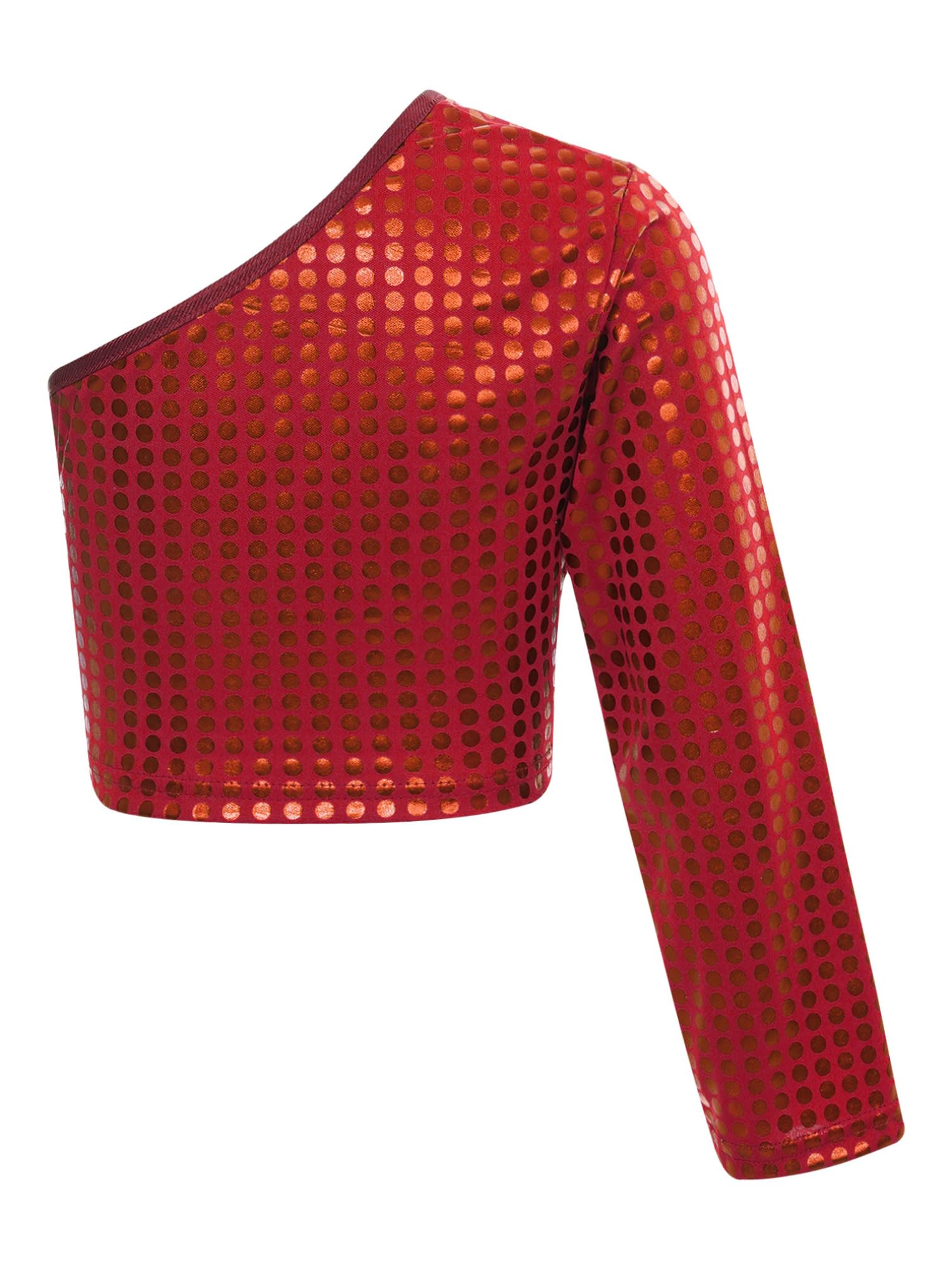 easyforever Kids Girls Shiny Dots One Shoulder Long Sleeve Crop Top Athletic Shirt Jazz Hip Hop Cheerleading Costume Red 5-6 Years