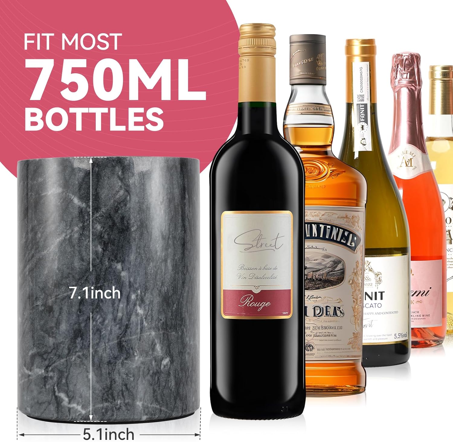 Marble Wine Chiller for Bottle,Wine Chiller Bucket,Wine Cooler Bucket for Any 750ml Bottle Champagne Chiller for Parties,Wine Bottle Chiller,Wine Bottle Cooler,Wine Gifts for Women Man (Black) - Image 2