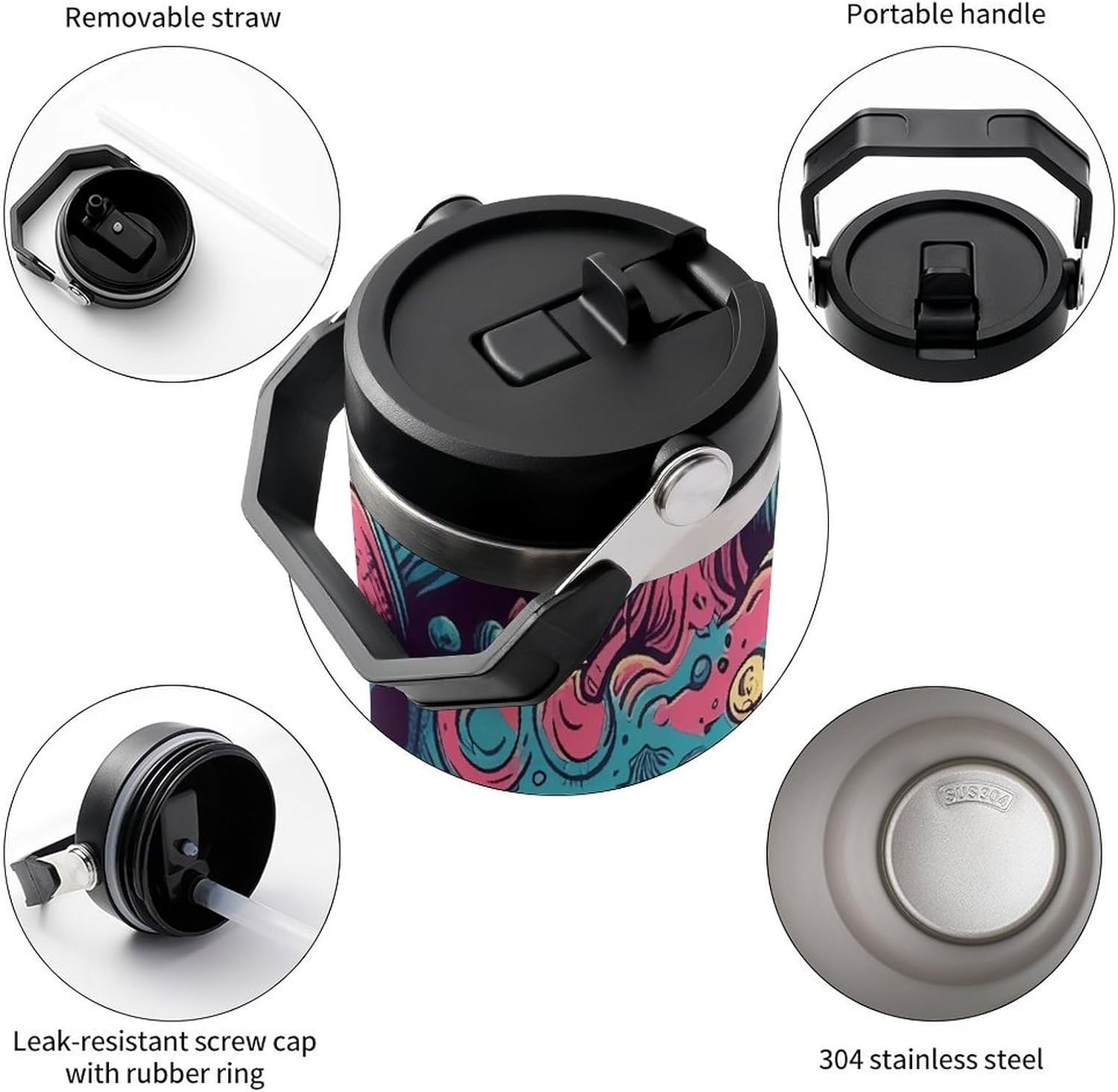 30oz Insulated Tumblers with Top Handle, Stainless Steel Love Music Monster Car Cup with Straw for Gift, Leak-Proof Double Wall Vacuum Travel Mug, Personalized Water Bottles Black