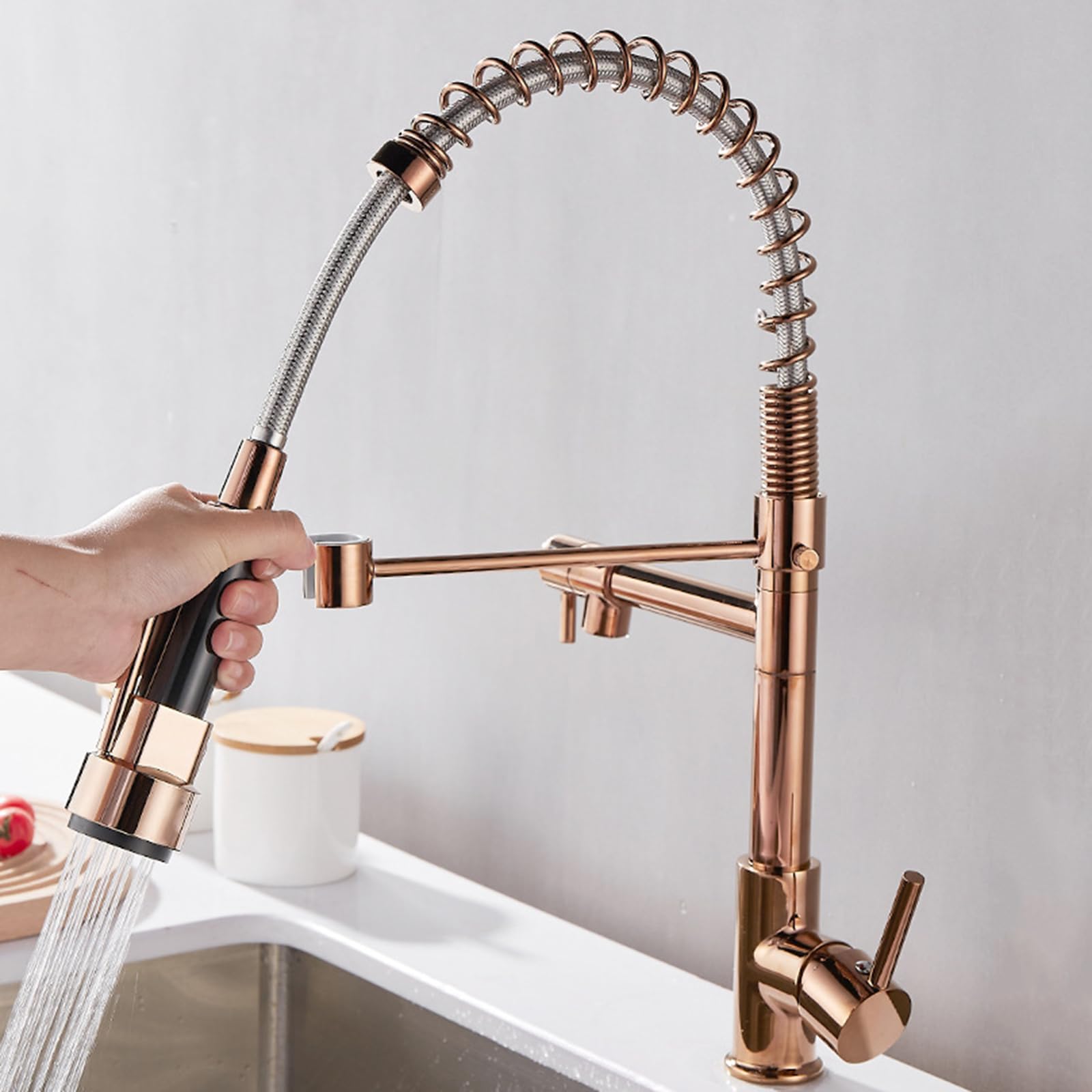 ZYCHSJXA Kitchen Tap Spring Telescopic Sprayer 360° Rotation Flexible Spout Brass-Rose Gold