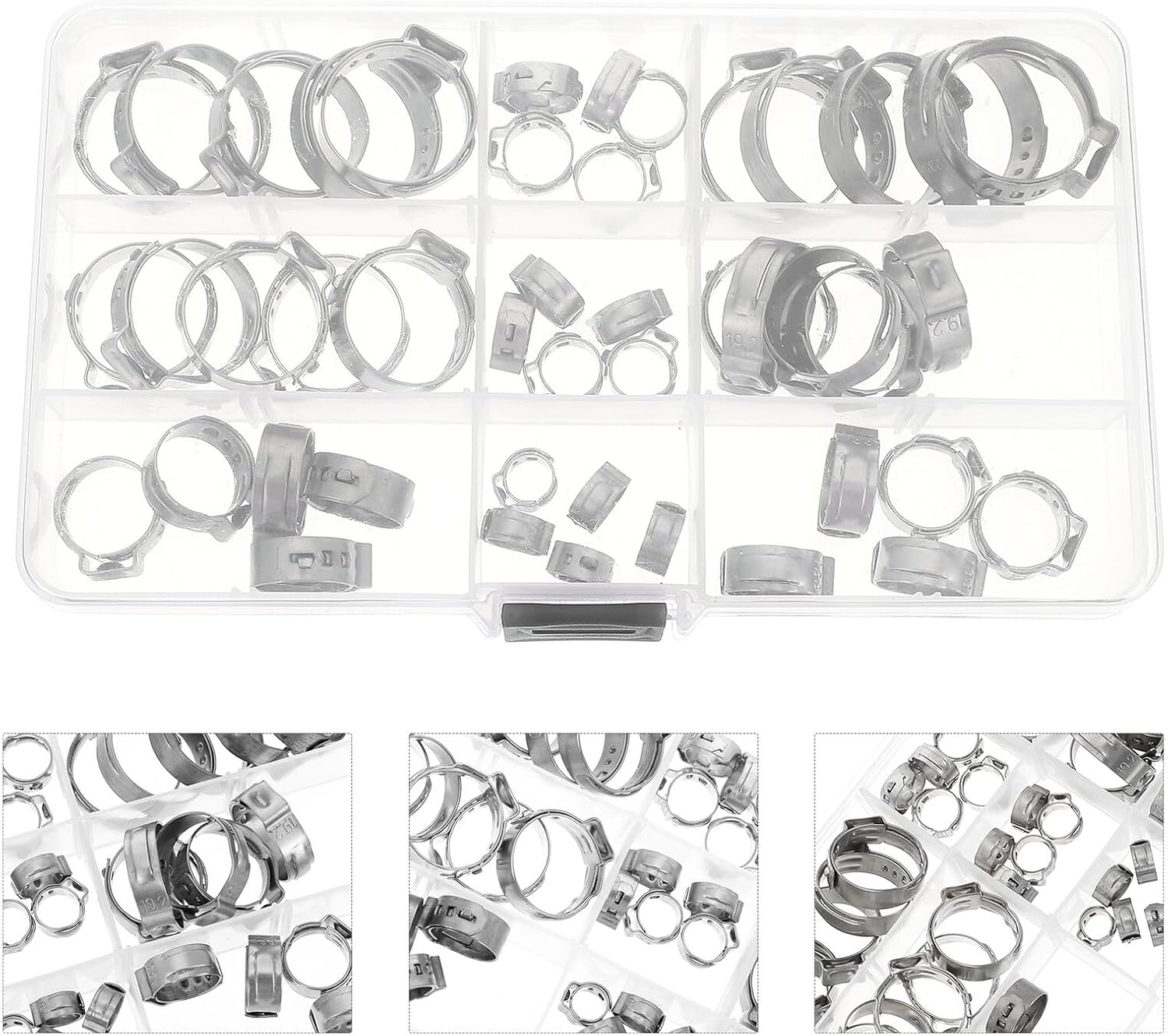 45pcs Stainless Steel Single Ear Hose Clamps Set, Adjustable Crimp Pinch Fitting Tools for Garden, Water Drain, and Industrial Hose Fastening Applications