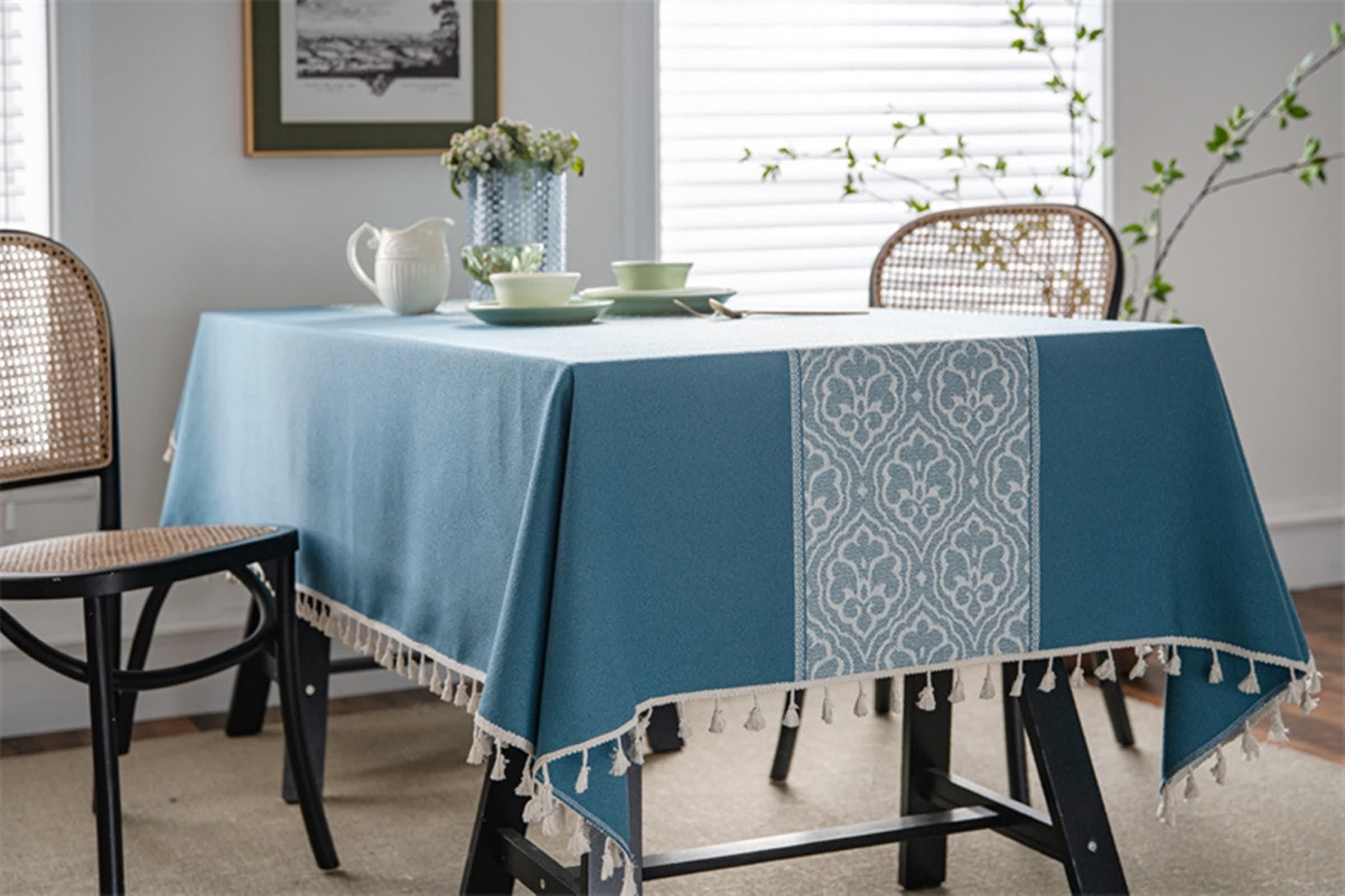 Tovaglia Blu per Feste, Tovaglia Poliestere Jacquard Floreale Copri Tavolo 90X90CM per Soggiorno Cucina