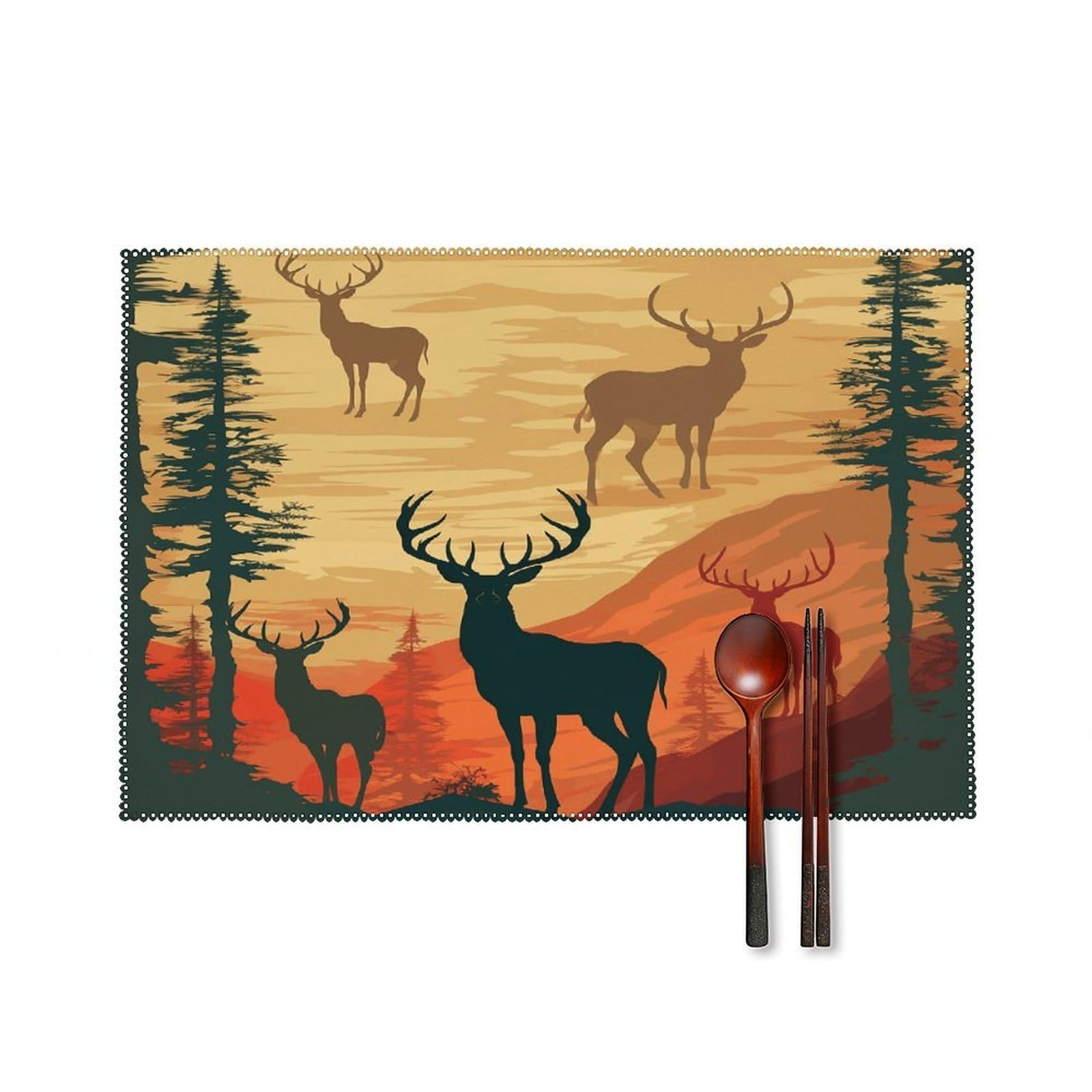 Deer Show Placemats Set of 4 Heat Resistant Non-Slip Place Mats for Dining Table Washable Placemat Wipeable Dining Table Mat Canvas Place Mats Dining Table Decor