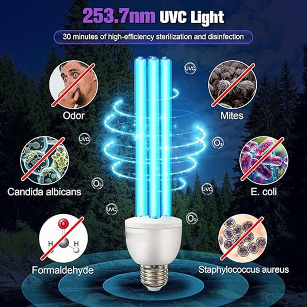 Genérico Bombilla Germicida UVC de 25W, Bombillas de Luz UV de 254nm con Base E27, Esterilización de 360° para Áreas de 500 pies Cuadrados efectivas