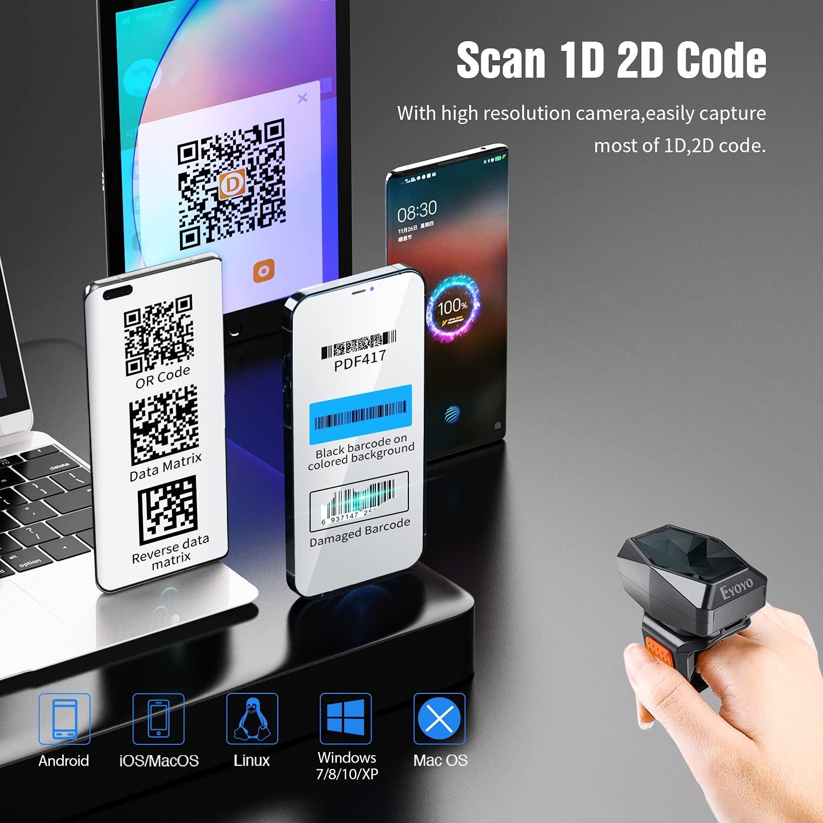 Escáner de código de barras de anillo Bluetooth 2D, escáner inalámbrico de dedo de muñeca portátil, operación izquierda/derecha, lector de matriz de datos 1D QR PDF417 para iPhone, Android, 5
