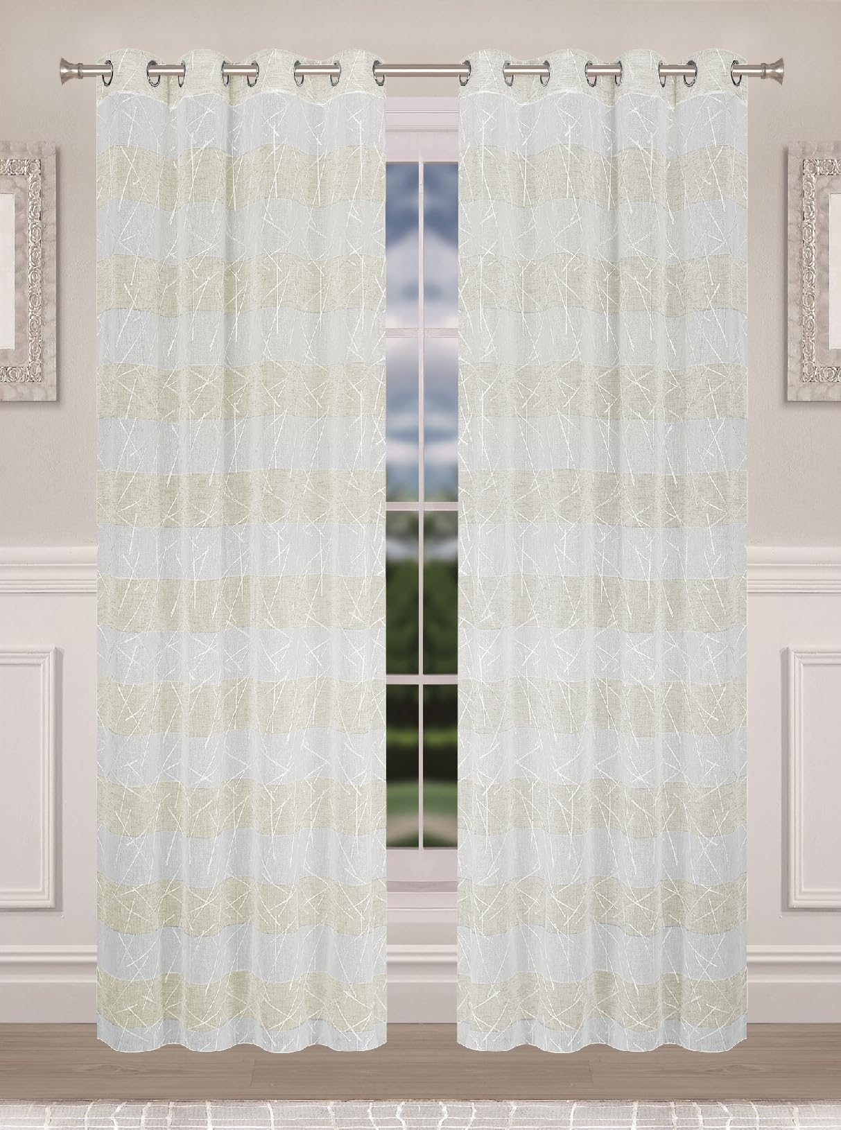 Cortina de interior 140 x 280 cm Art Geo, bordados geométricos bicolor blanco y gris, crema y crema, tela semitransparente, 8 ojales de hierro forjado, efecto lino (blanco y pardo)