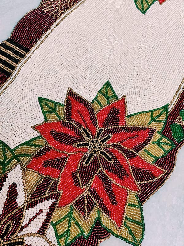 Image of MFU - Made For You Premium Glass Beaded Table Runner 13x36 Inch Cream Maroon Floral Design | Handmade Decorative Rectangular Table Runner for Dining Table, Center Table, Coffee Table, Home Decor