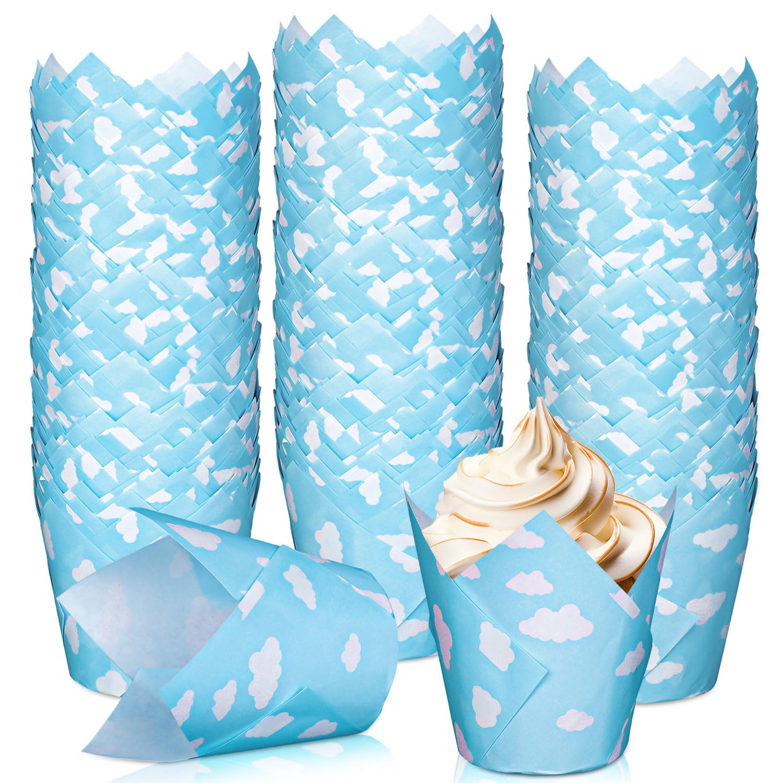 200 caissettes à cupcakes tulipe bleu ciel et nuages pour décoration de pâtisserie