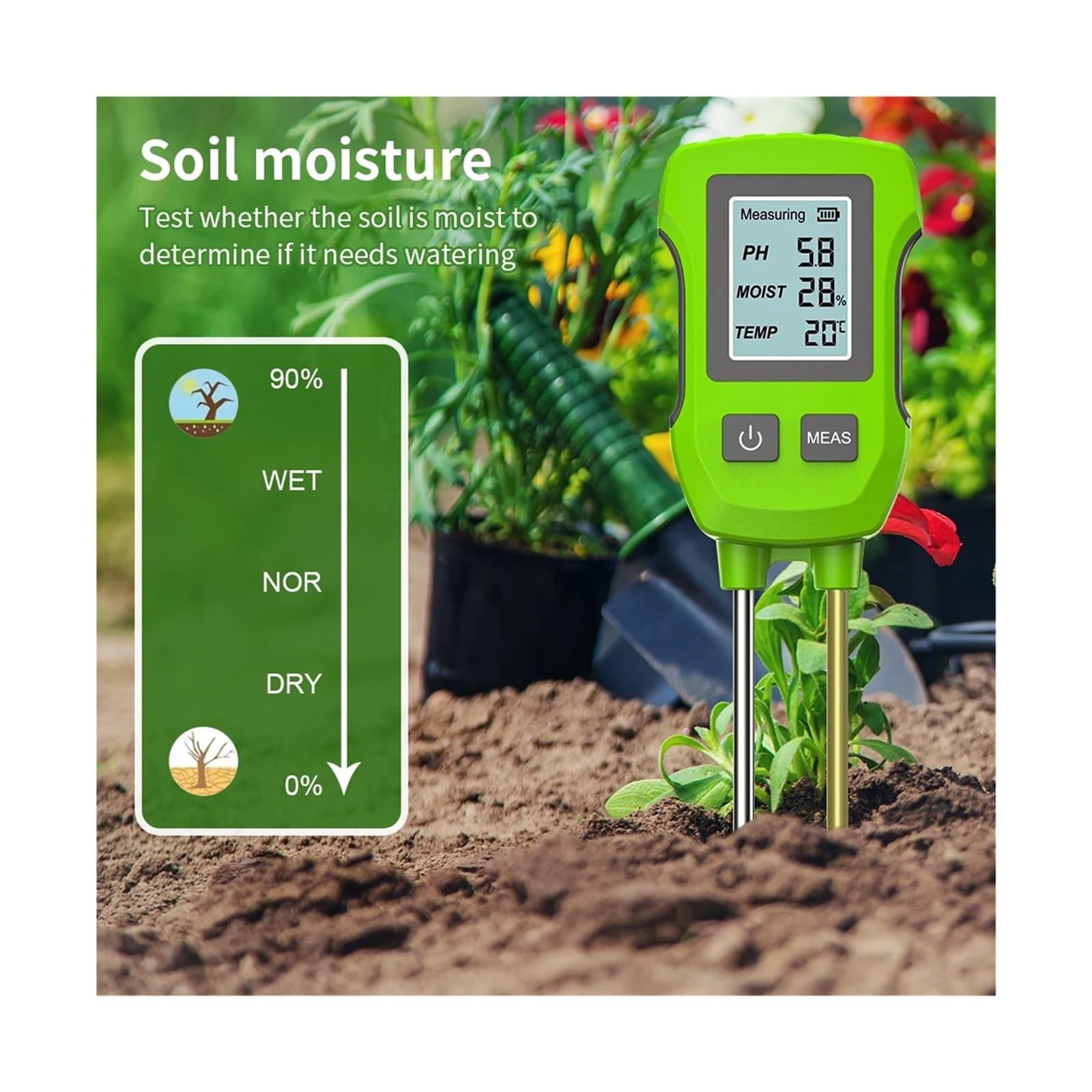 Medidor de pH 3 en 1, detector de humedad y temperatura de alta precisión para plantas, herramienta de prueba de suelo manual para cuidado de jardines y flores