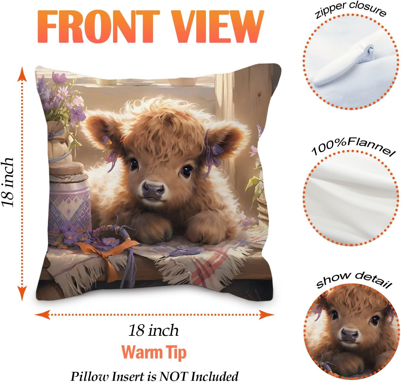 Highland Cow Pillow Covers 18x18 - Cute Western Gifts for Girls & Women, Highland Cow Decor for Bed, Farm Throw Pillow Cases, Set of 4 - Image 5