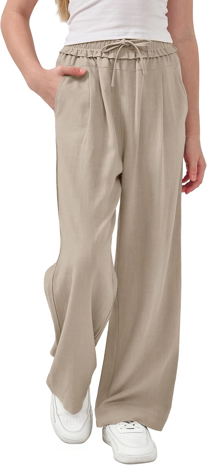 Rolanko Girls Wide Leg Linen Pants Breathable Flowy Palazzo Trousers for School Beach Daily Wear 9-15 Years