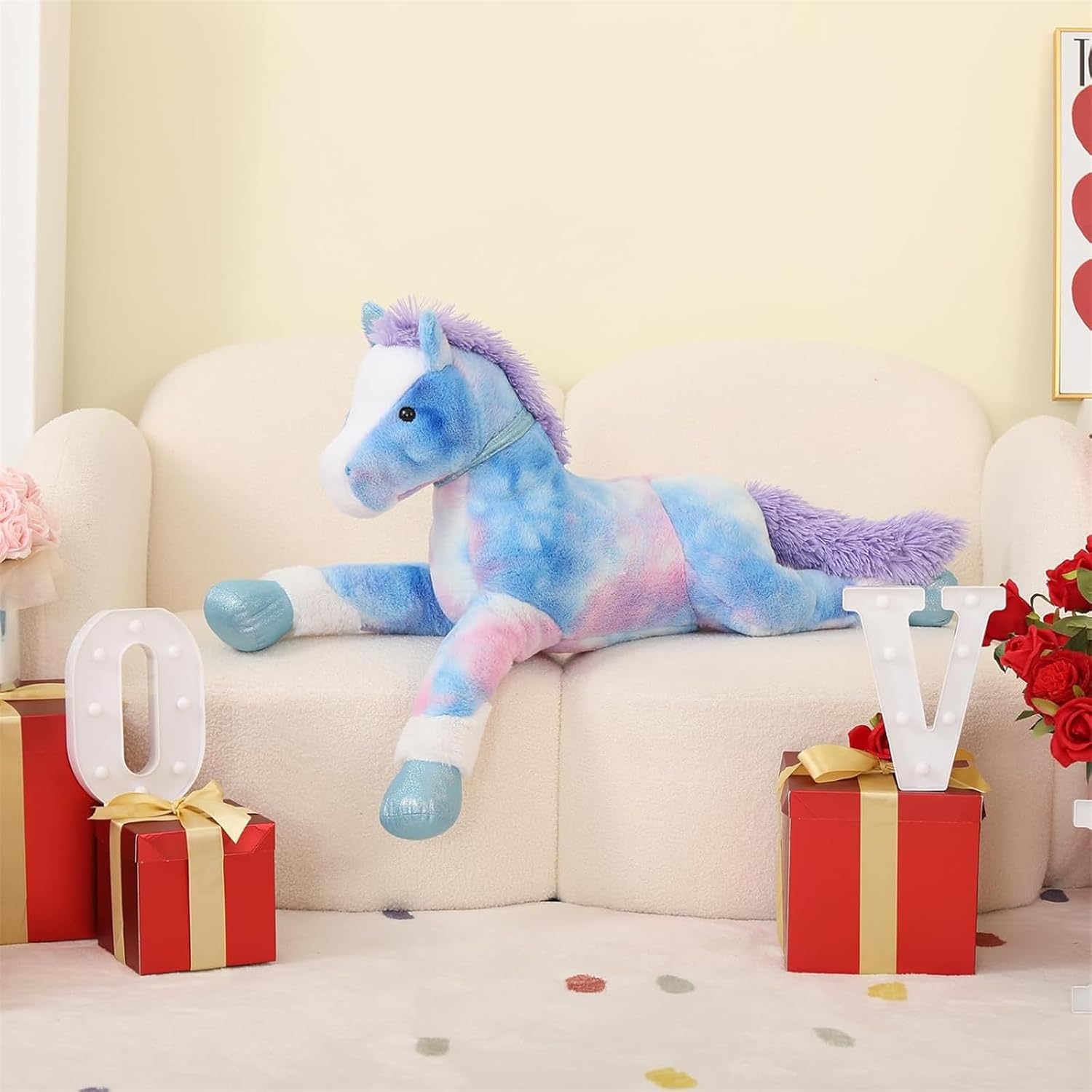 Tezituor Big Horse Stuffed Animals Plush Toy, 35 Inch Large Stuffed Horse Toys Gift Soft Blue Pony Plush Pillow for Boys Girls