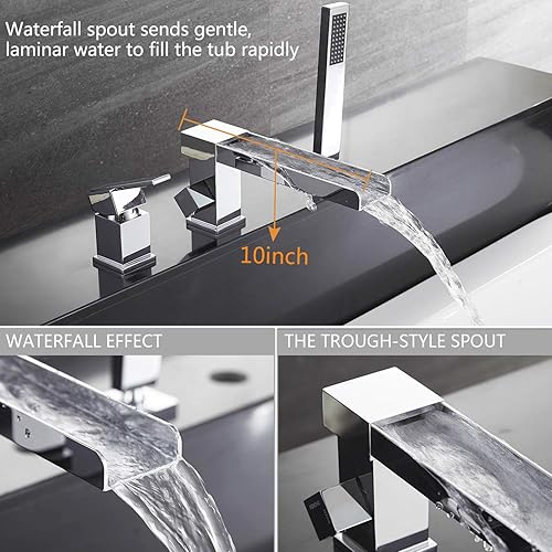 Miniatura 10 de Grifo de bañera romano negro con ducha de mano, grifo de bañera de montaje en cubierta con rociador, juego de grifo de bañera en cascada