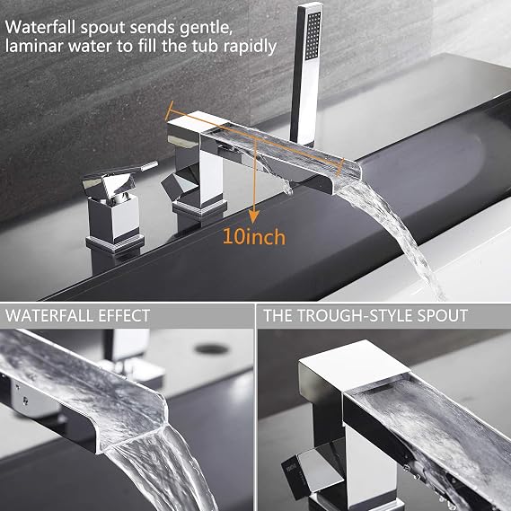 3-Hole Bathroom Waterfall Bathtub Faucet Roman Tub Filler with Handheld Shower Waterfall Spout Tub(Chrome)