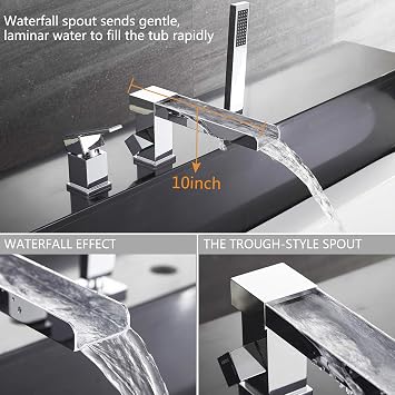 3-Hole Bathroom Waterfall Bathtub Faucet Roman Tub Filler with Handheld Shower Waterfall Spout Tub(Chrome)