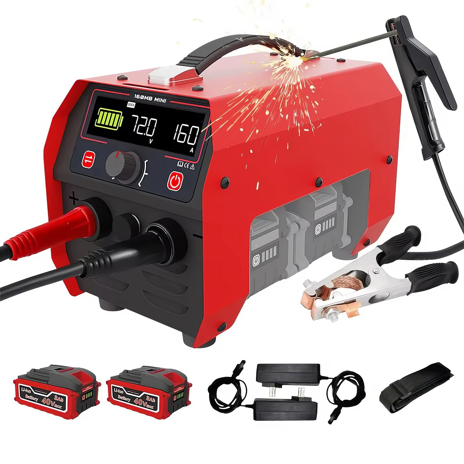 Saldatrice senza fili, 160 A, alimentata a batteria, con display LCD, include 2 batterie da 3,0 Ah, design portatile per un facile utilizzo