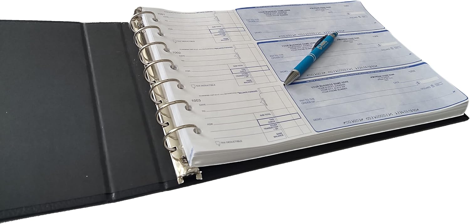 7 Ring Business Check Binder, Durable 3 On A Page, Professional Finance Document Holder with Fold Over Clear Vinyl Pouch Bill Keeper, Removable 6-Year Calendar (Black) ABC Printing